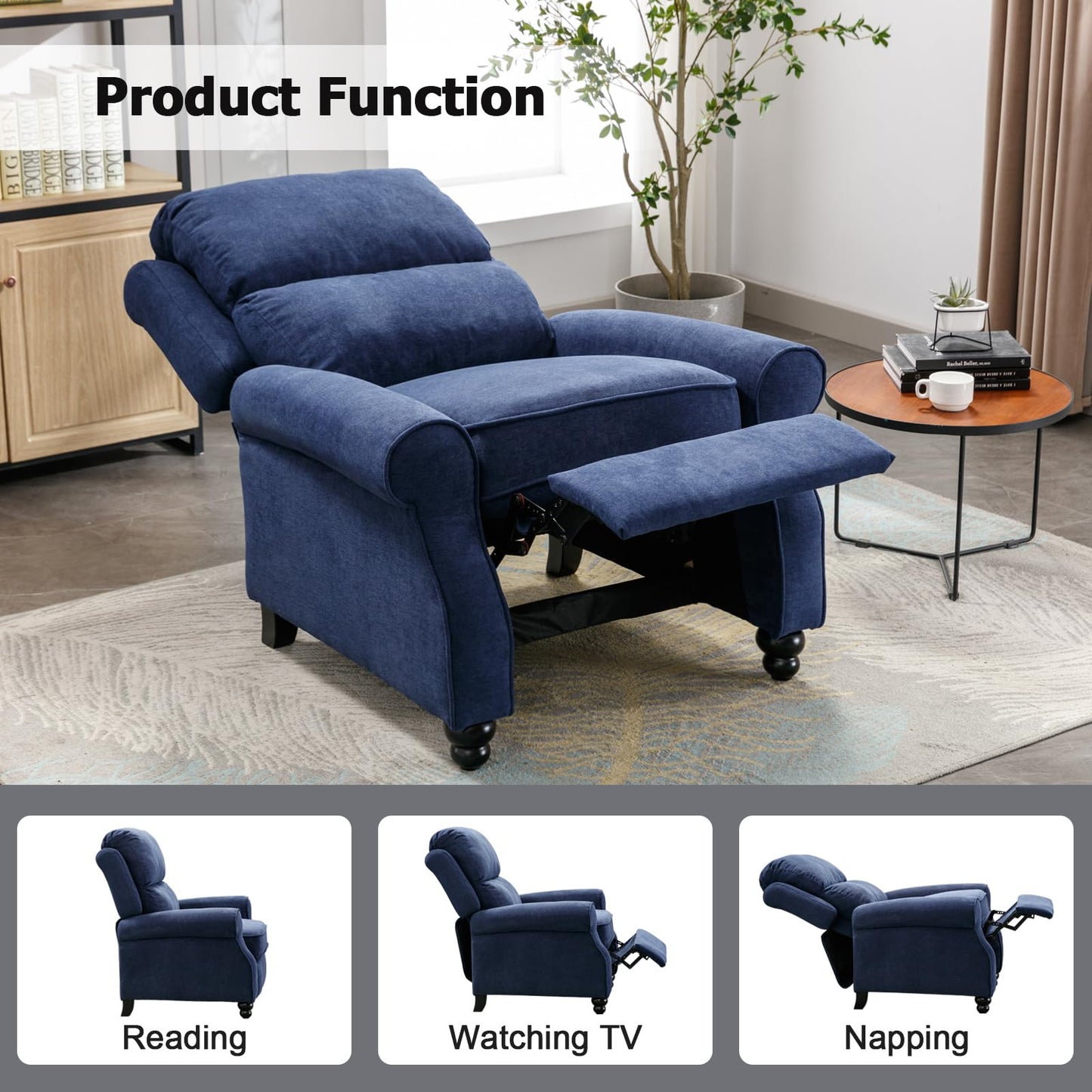 IOMOR Push Back Recliner Chair Faux Leather Lounge Armchair with Rivet Decoration Wingback Single Sofa Chair with Padded Seat Solid Wood Legs for Living Room, Comfy Upholstered, Red Brown