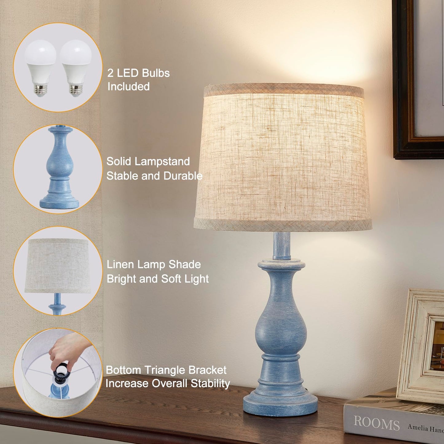 Vintage Table Lamp for Living Room Bedroom, 18.5" Farmhouse Bedside Lamps Nightstand Lamp Set of 2, Table Lamps with Oatmeal Linen Lamp Shades, 2 LED Bulbs Included