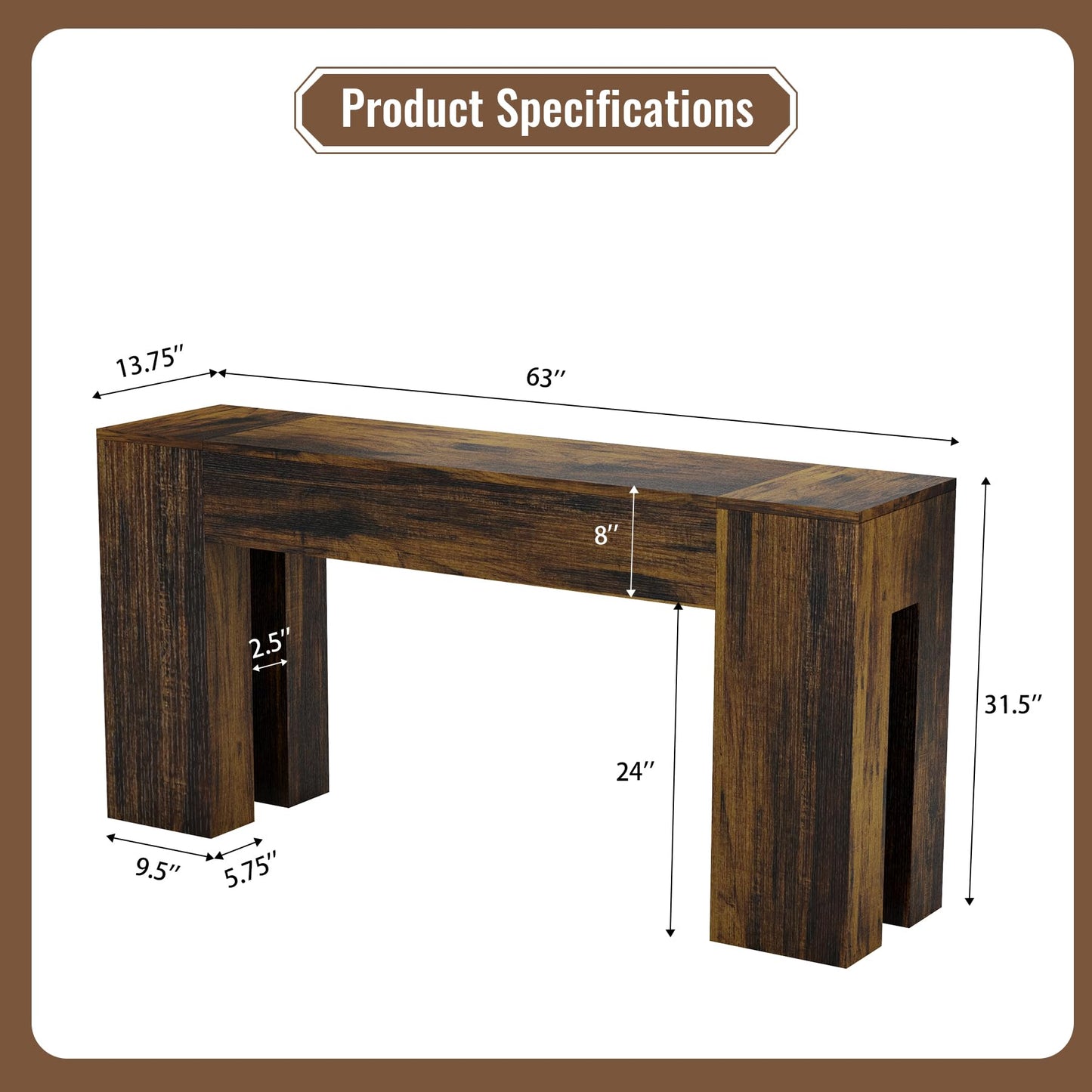Epecoya Long Sofa Console Table for Entryway Living Room, 63-Inch Farmhouse Wood Behind Couch Table, Rectangular Accent Console with Wooden Double Base for Hallway Foyer Entrance, Rustic Brown