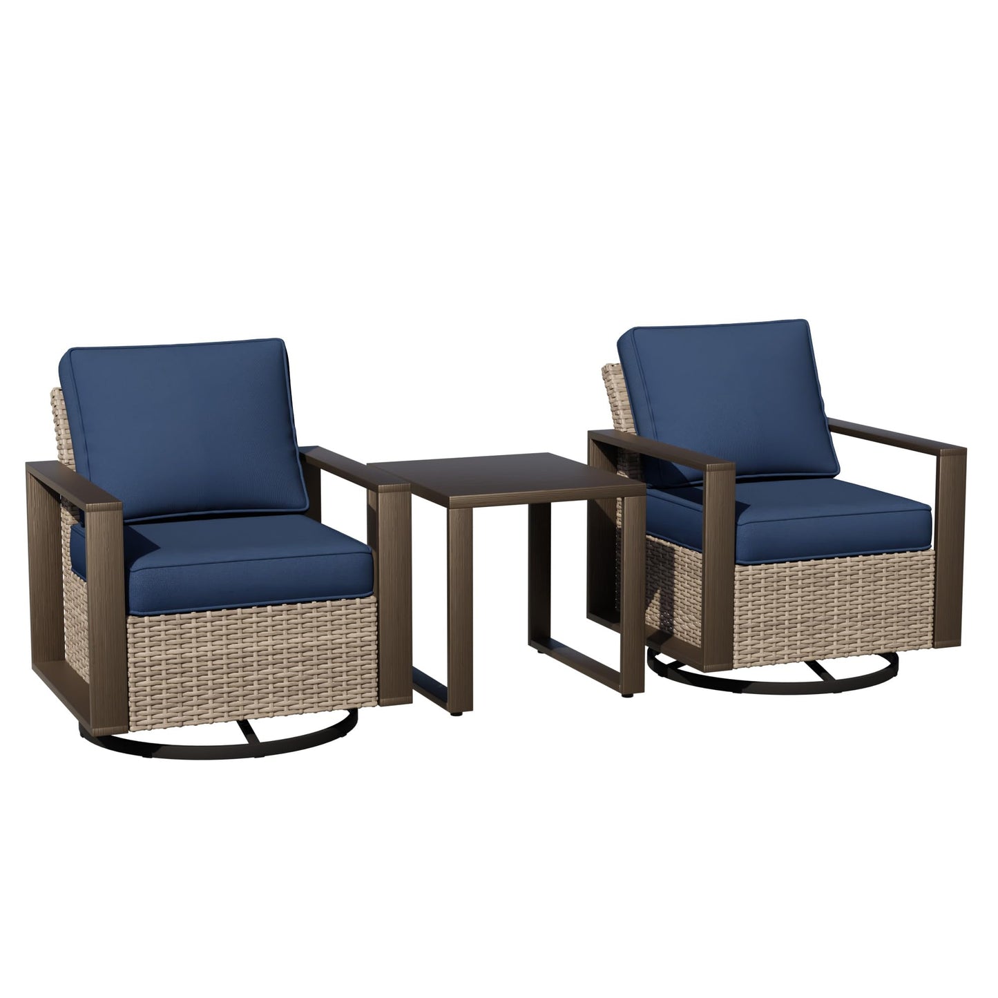 Joyside Outdoor Patio Swivel Rocker Chairs, 3 Pieces Wicker Furniture Set, 2 Swivel Rocking Chairs and 1 Table, Metal Wide Armrest, Thick Cushions and Deep Seating for Garden, Backyard, Porch, Deck