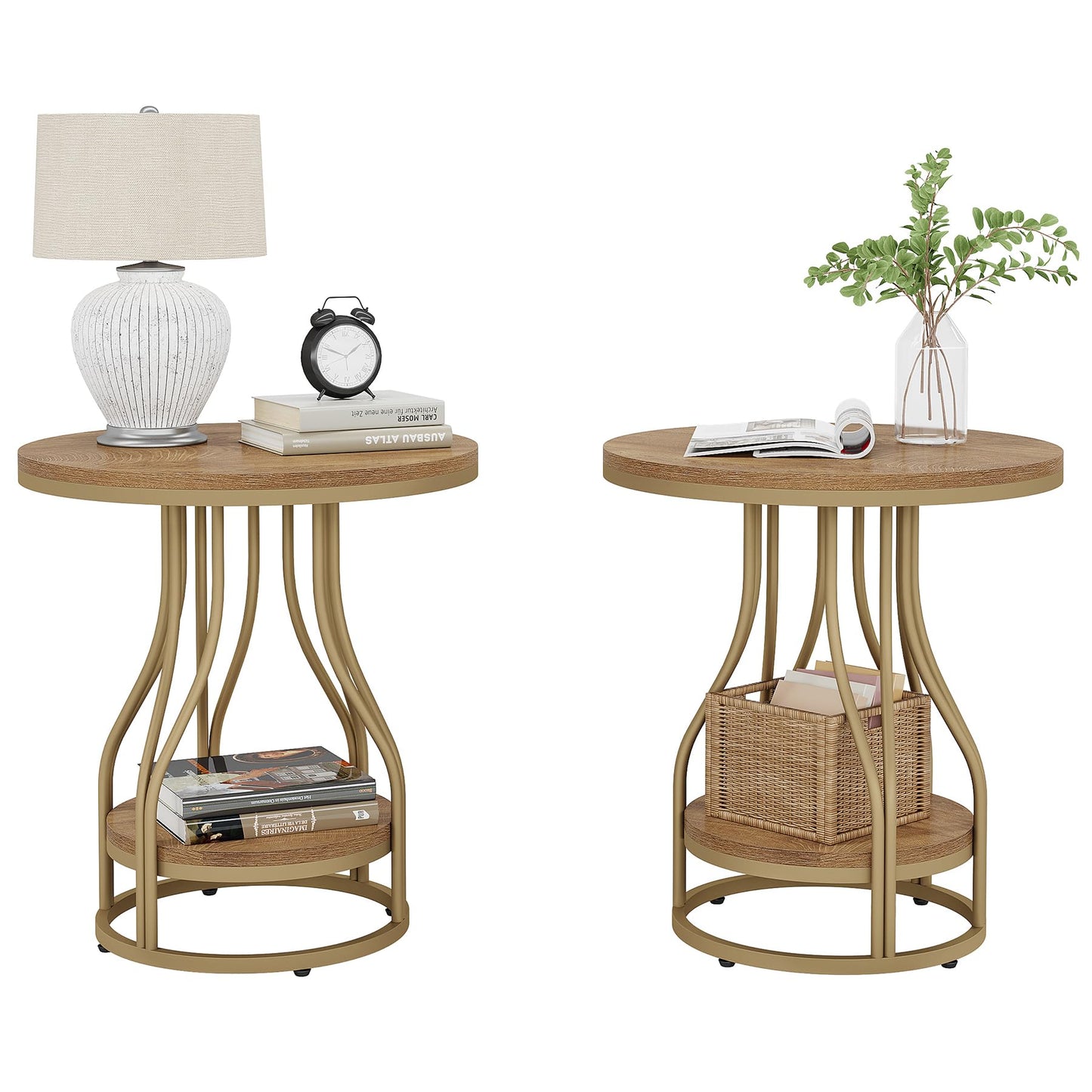 Tribesigns Round Side End Table 2-Tier End Tables Modern Bedside Table Small Chairside Tables with Storage for Couch Side, Nightstand with Metal Frame for Living Room (1, White+Gold)