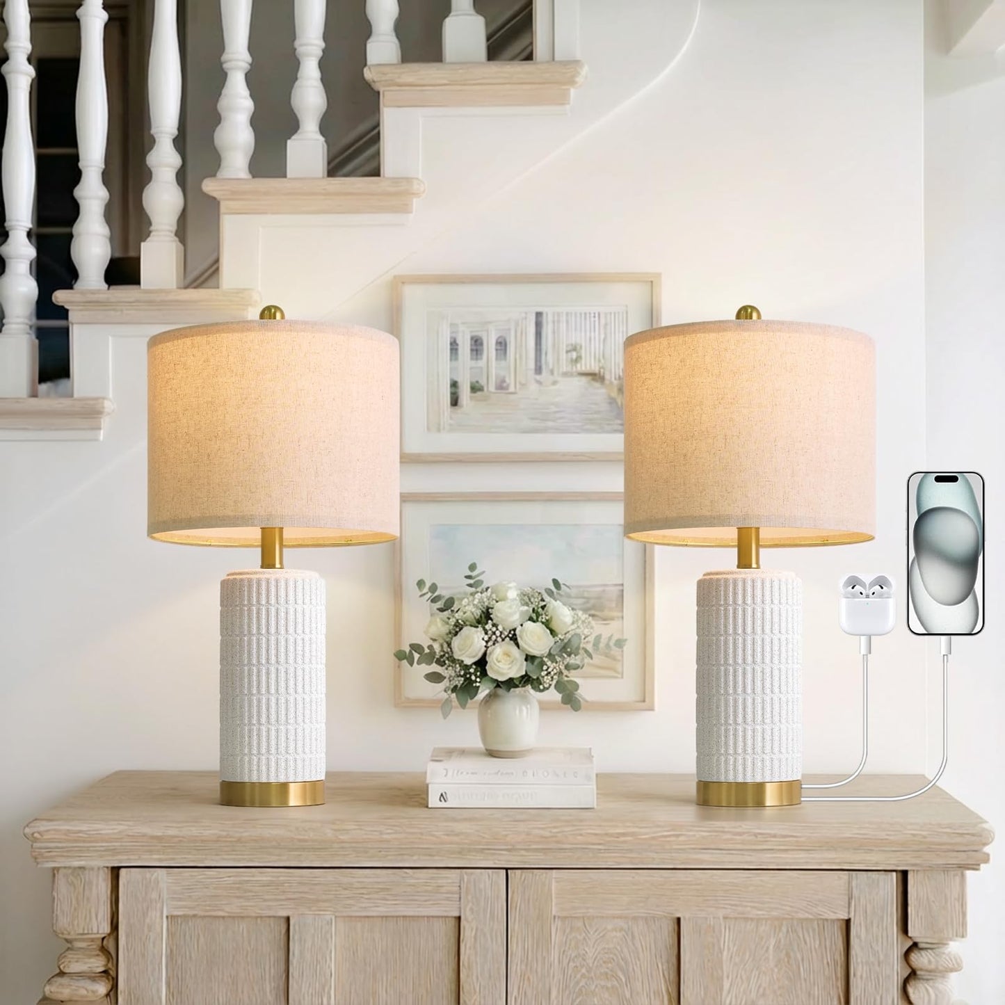 PoKat 20.75" Small Modern Ceramic Table Lamps Set of 2 for Bedroom, White Bedside Lamps for Night Stands, Farmhouse Desk Decor Gift Nightstand Table Lamps for Living Room End Table Beige
