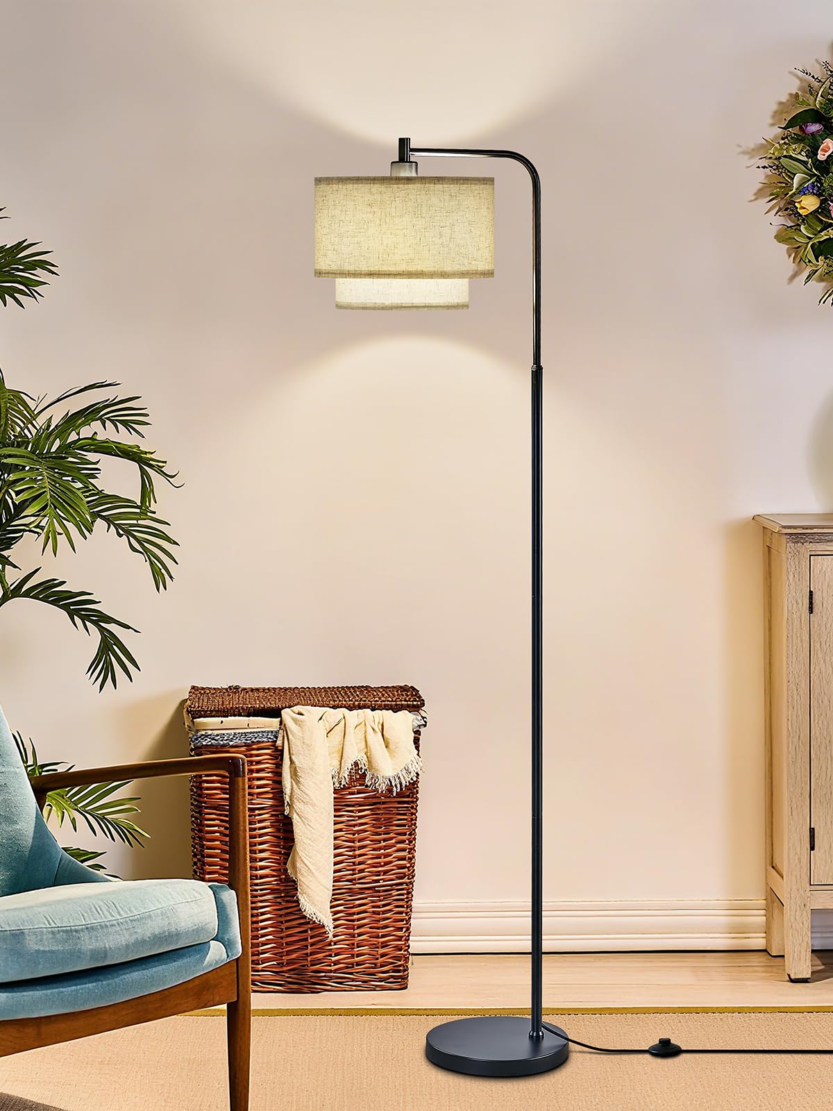 64" Modern Floor Lamp for Living Room Bedroom, Floor Lamp with 3 Color Temperatures, Standing Lamp with Double Oatmeal Linen Lampshade, Tall Lamp with A19 12W LED Bulb, Foot Switch Control, Black