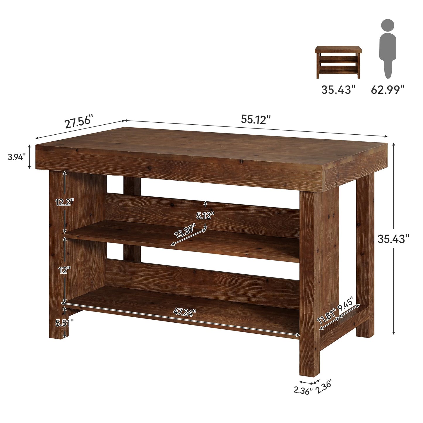 Solid Wood Large Kitchen Island, 3-Tier 55 Inch Stationary Center Island Table with Open Storage Shelves, Farmhouse Counter Height Coffee Bar for Kitchen, Dining Room, Living Room, Brown