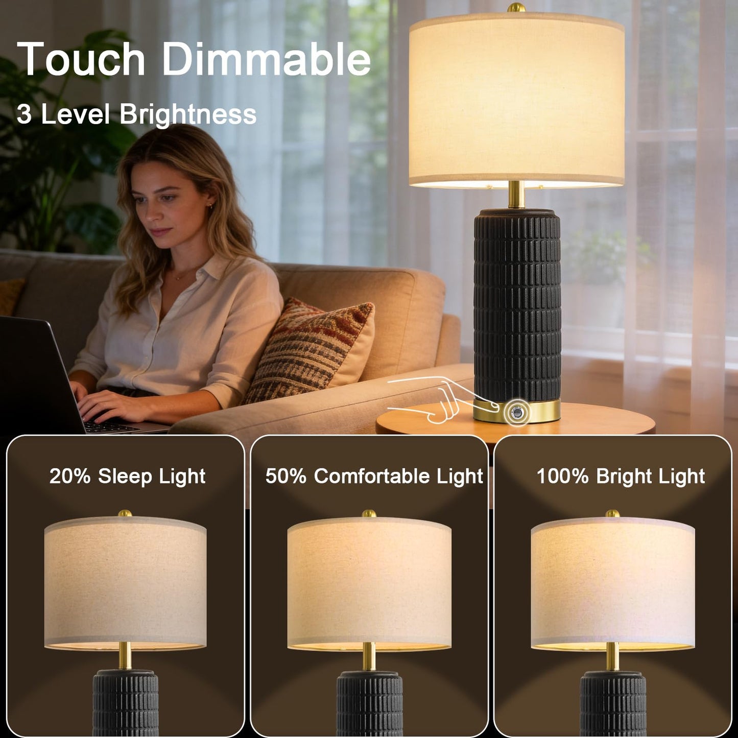 PoKat Touch Bedside Table Lamps with USB Ports for Bedroom Living Room, 25'' Dimmable Nightstand Touch Lamps for Living Room, Modern Ceramic Lamps for Night Stands Bedroom, Office, White and Beige