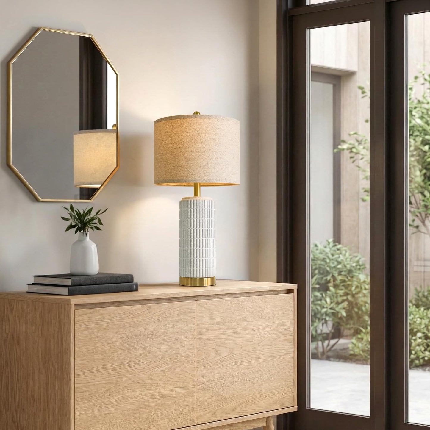 PoKat Small Bedside Table Lamps Set of 2 for Bedroom Living Room, 21.5'' Modern Ceramic Nightstand Lamps with Gold Base, Farmhouse Table Lamps for Office End Side Table Console, White and Beige