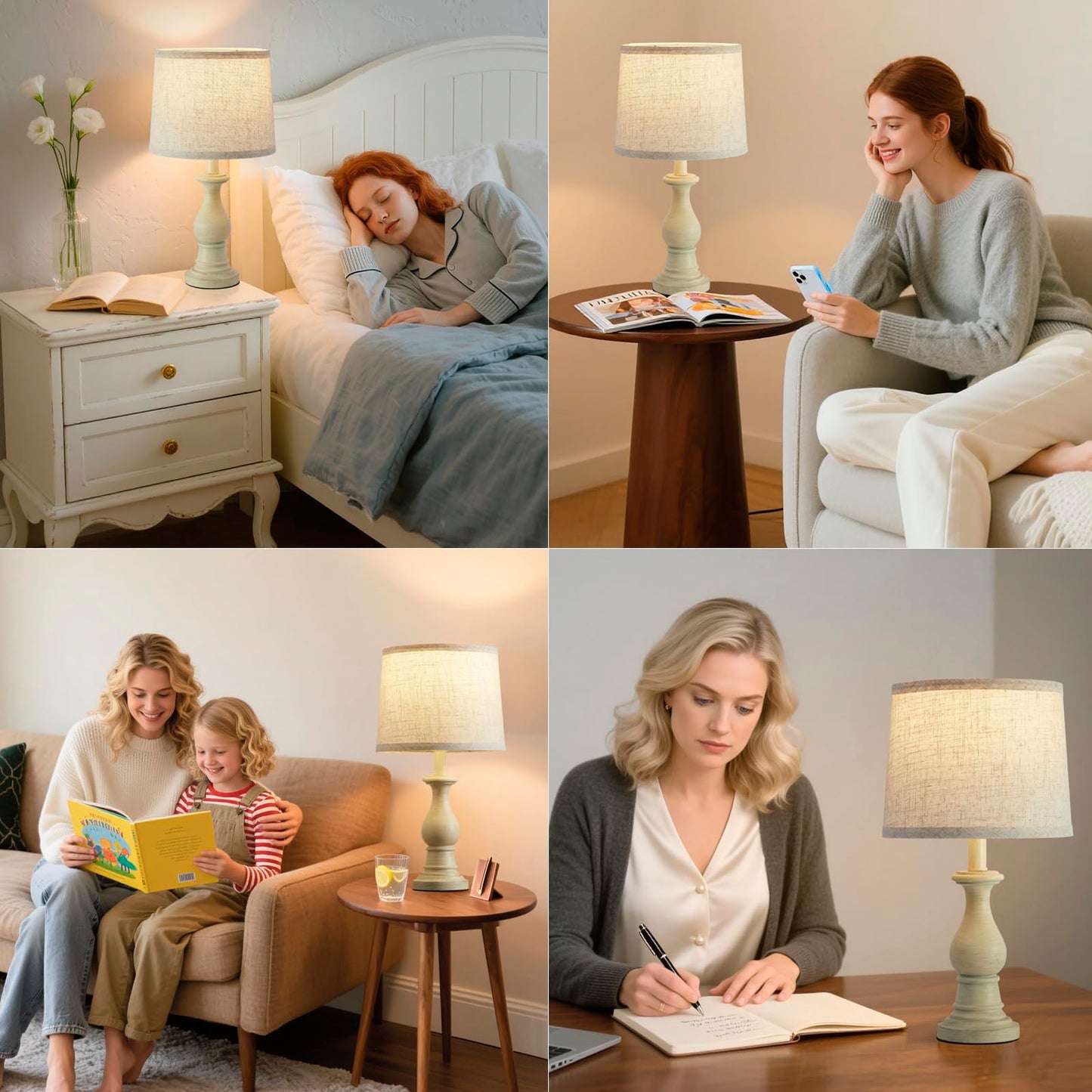 Vintage Table Lamp for Living Room Bedroom, 18.5" Farmhouse Bedside Lamps Nightstand Lamp Set of 2, Table Lamps with Oatmeal Linen Lamp Shades, 2 LED Bulbs Included
