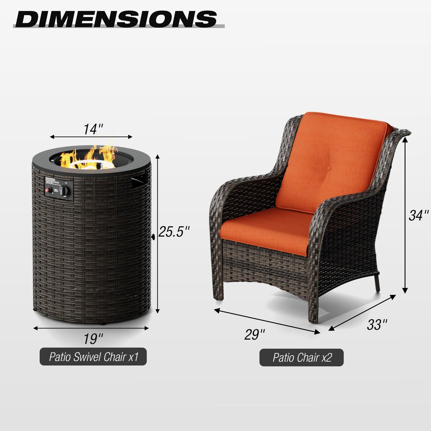 Joyside Patio Furniture Set with Fire Pit Table, 3 Piece Outdoor Wicker Conversation Sets with High Back, Thickened Cushions, Rattan Sectional for Porch, Lawn Use (Red)