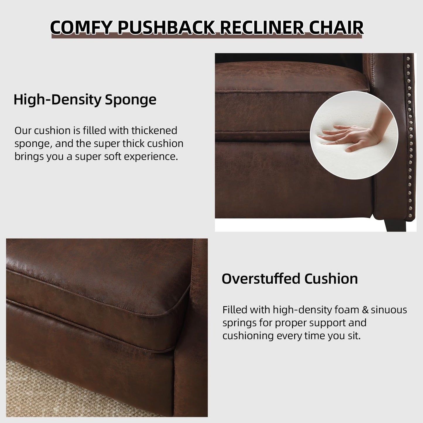 IOMOR Push Back Recliner Chair Faux Leather Lounge Armchair with Rivet Decoration Wingback Single Sofa Chair with Padded Seat Solid Wood Legs for Living Room, Comfy Upholstered, Red Brown