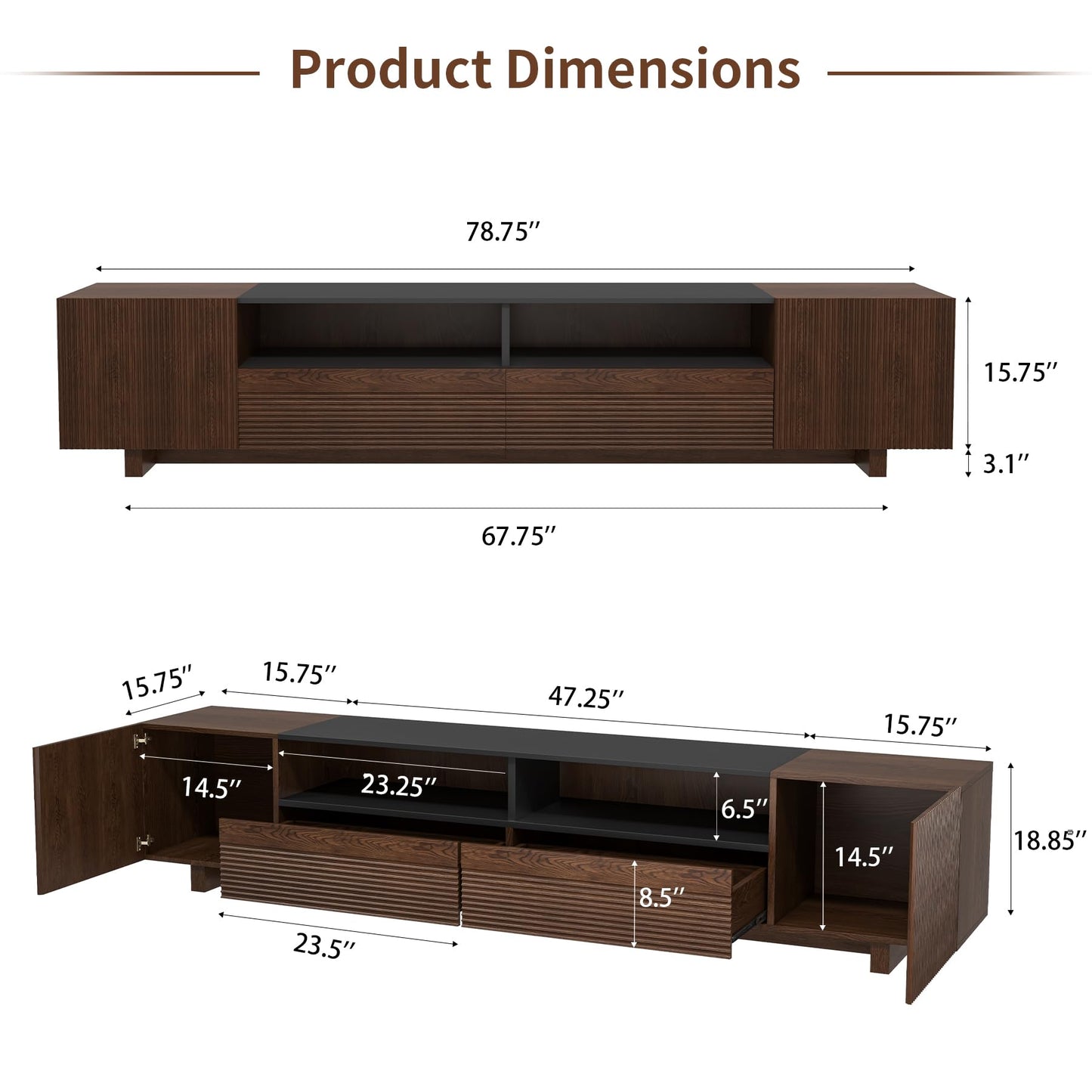 Epecoya 78.8 Inch TV Stand with Storage Cabinets for Living Room, TVs Media Console Entertainment Center with Drawers, Wood Fluted Television Stands with Open Shelves for Bedroom, Dark Brown Walnut