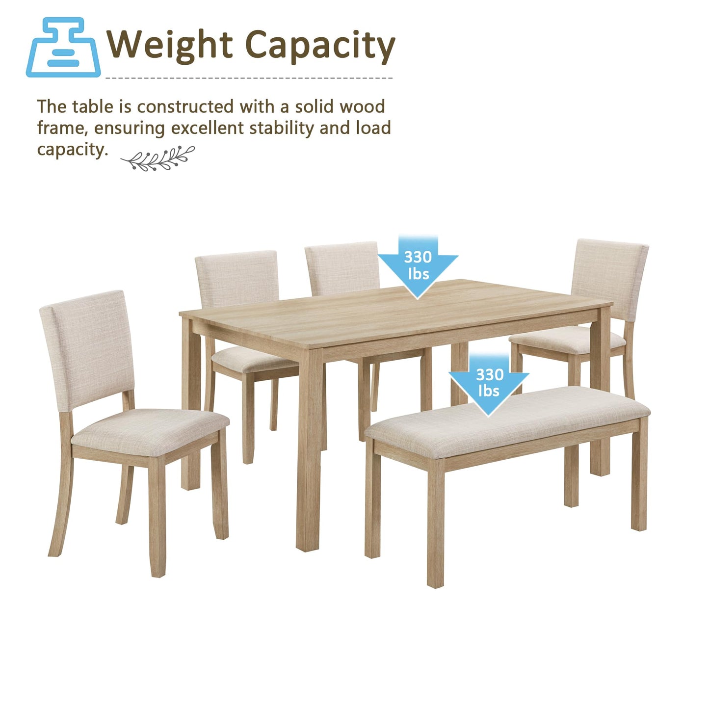 LKTART 6 Piece Kitchen Dining Set, 58.5" Rectangular Wooden Dinner Table with 4 Upholstered Chairs and a Bench for Living Room, Home Bar and Kitchen, Walnut