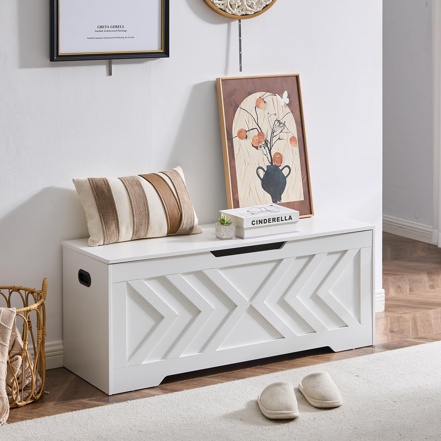 47.2” Storage Bench,Extra Large Wooden Storage Chest with 2 Safety Hinges,entryway Bench,Blanket Storage,Shoe Storage Bench for Entryway,Bedroom,Living Room,Easy Assembly.-Greige
