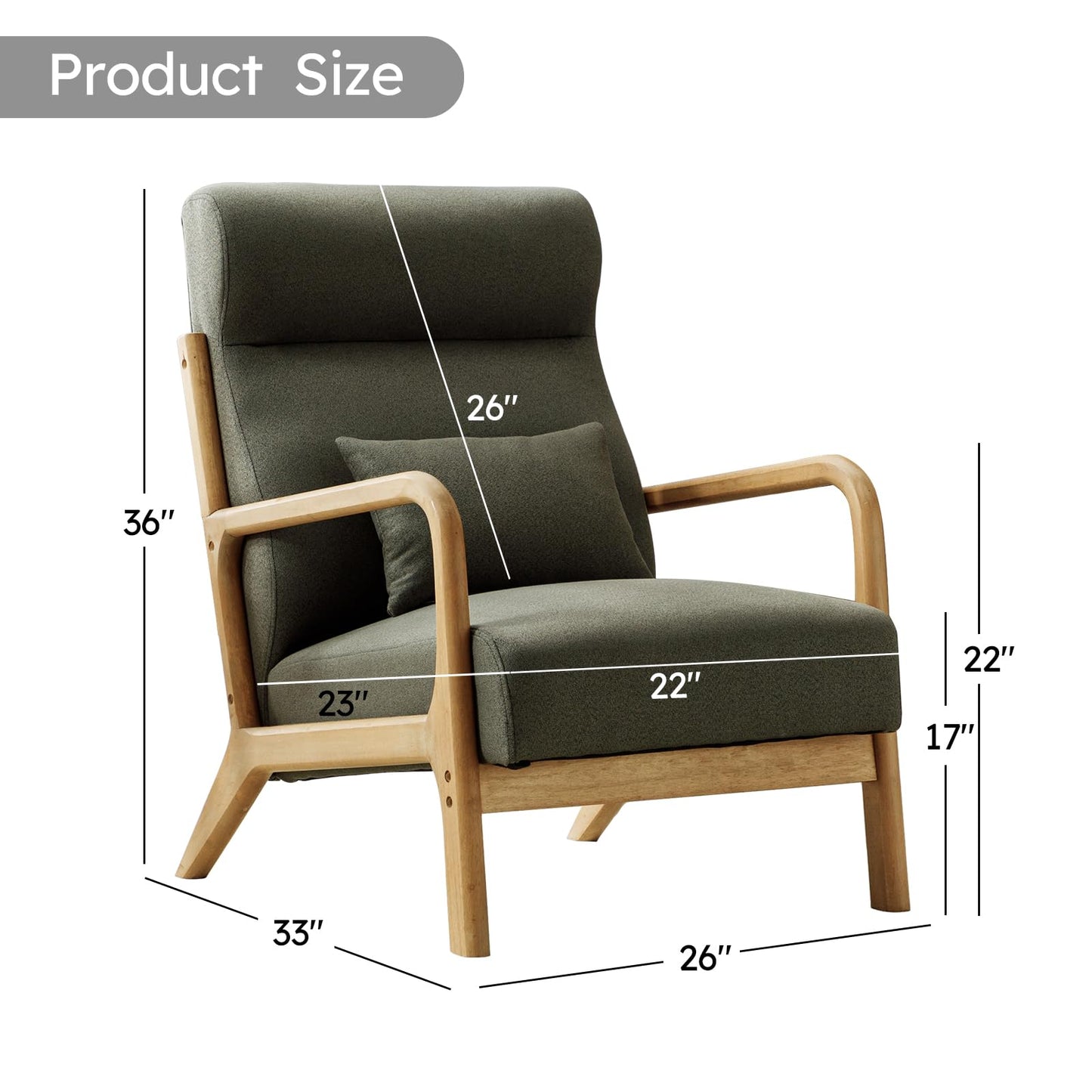 IOMOR Accent Chair Mid Century Modern Chair Linen Fabric Living Room Chairs with Solid Wood Frame Comfy Upholstered and Lumbar Pillow Reading Side Chair Easy Assembly for Bedroom Room (1, Linen Green)