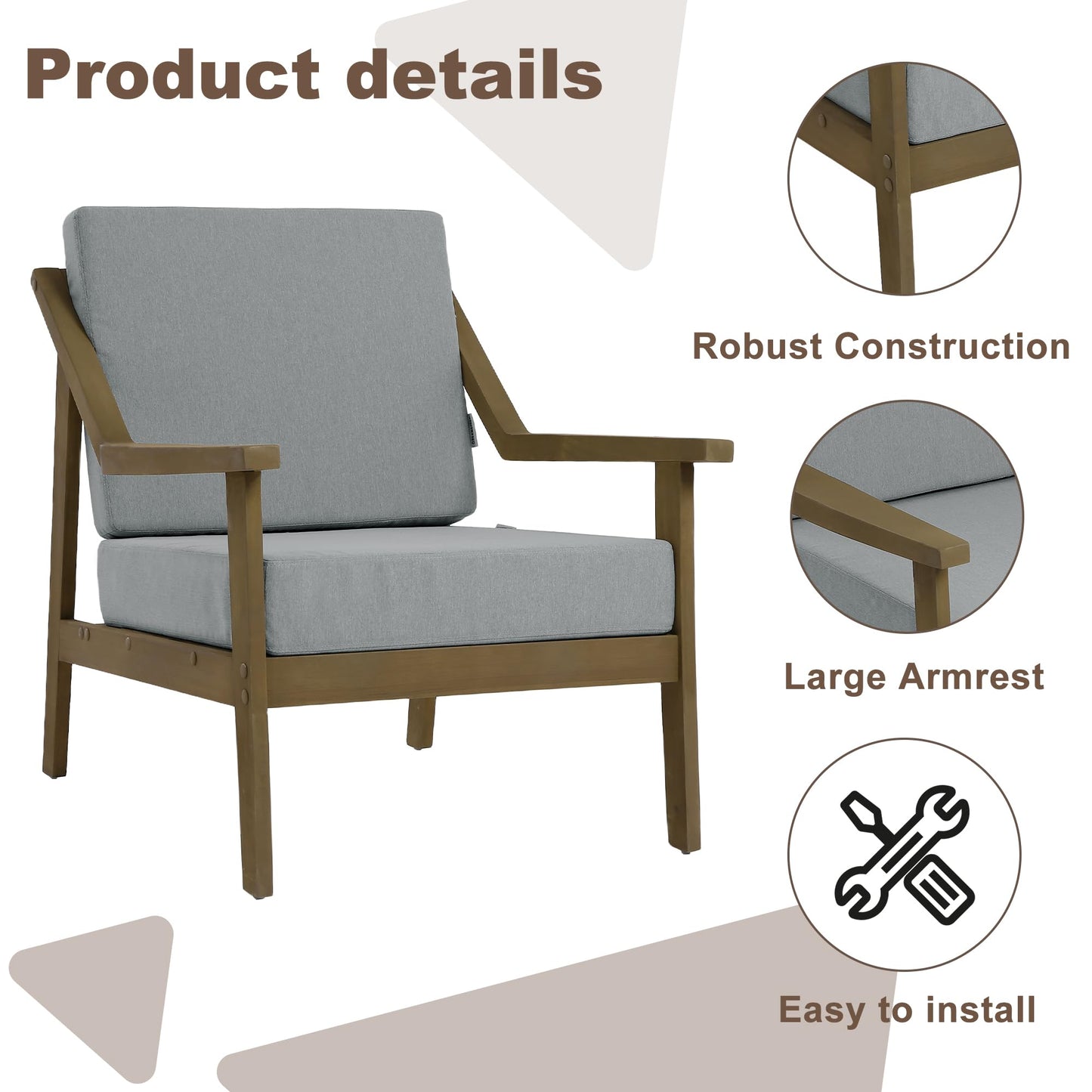 Outdoor Patio Furniture Set, 2 Piece Outdoor Patio Sofa Armchairs with Washable Thick Cushions, All-Weather Solid Wood Patio Bistro Set for Porch, Balcony, Natural Frame & Beige Cushion