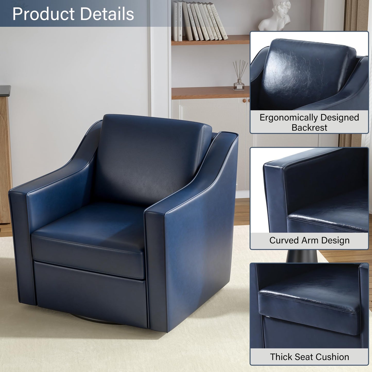 Swivel Accent Chairs Set of 2, 360° Swivel Upholstered Faux Leather Club Armchairs for Living Room, Comfy Single Sofa Reading Chair with Deep Seat, Metal Swivel Base, Coffee
