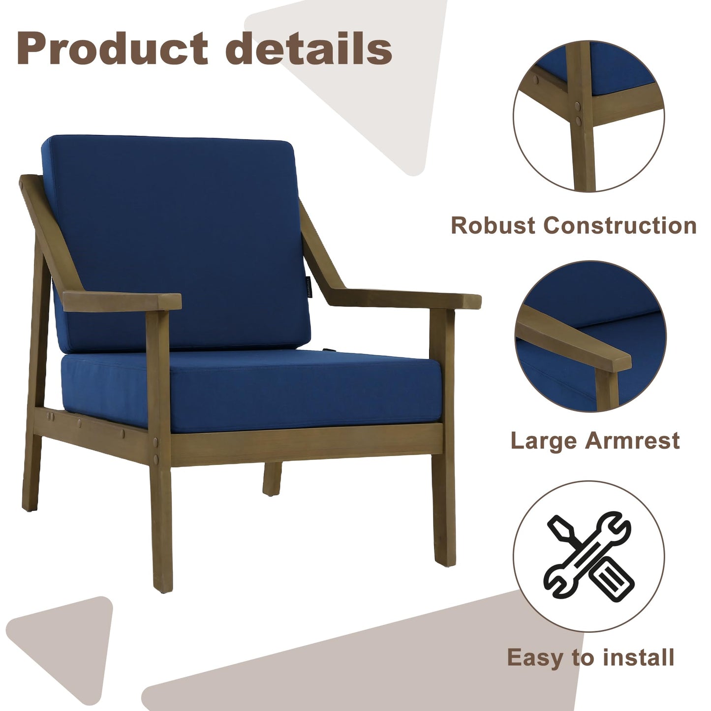 Outdoor Patio Furniture Set, 2 Piece Outdoor Patio Sofa Armchairs with Washable Thick Cushions, All-Weather Solid Wood Patio Bistro Set for Porch, Balcony, Natural Frame & Beige Cushion