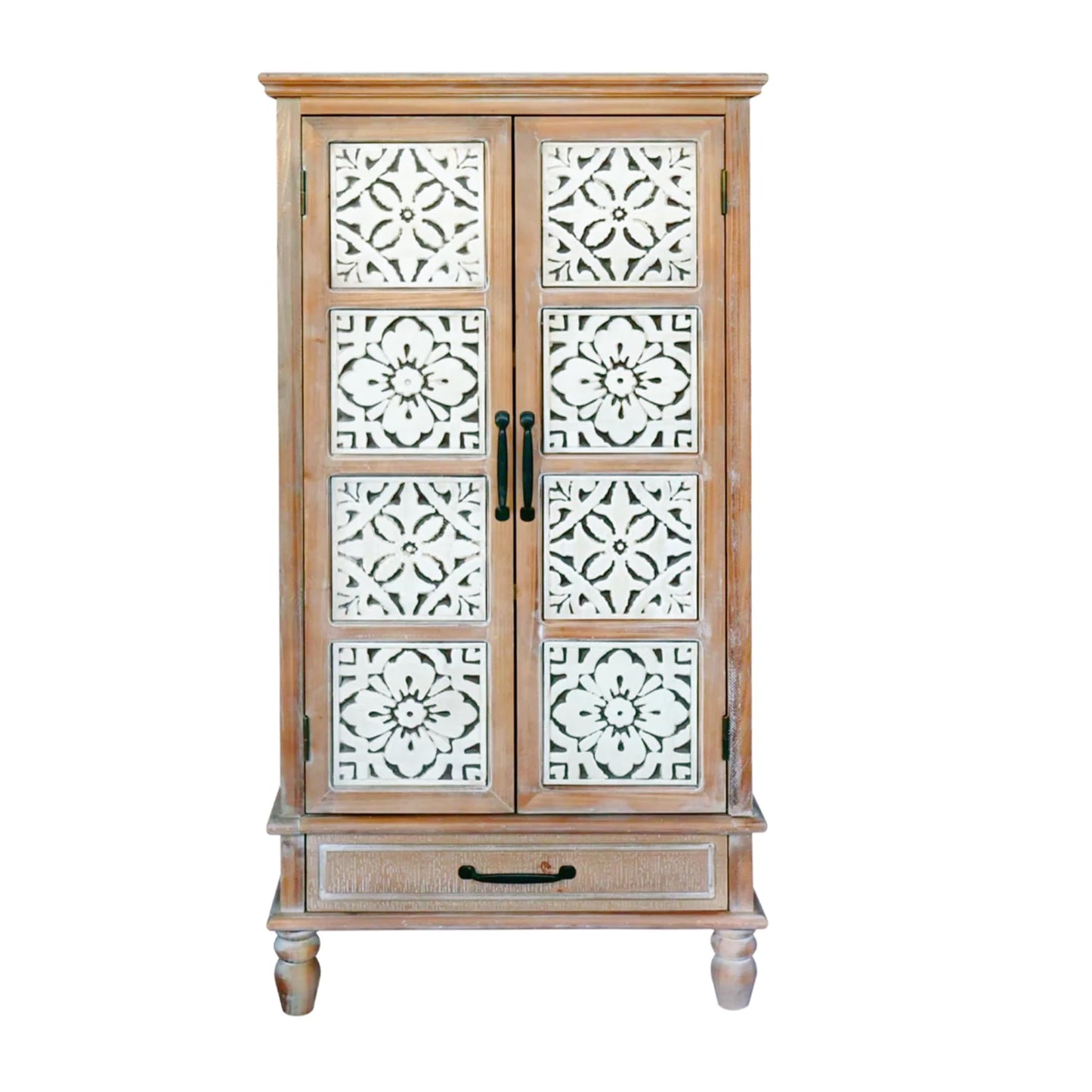 LKTART KTART 55'' Tall Kitchen Pantry Cupboard Storage Cabinet with Shelves & Drawer,French Country Accent Cabinet with Embossed Floral Metal Doors and Solid Wood Frame,Natural Wood