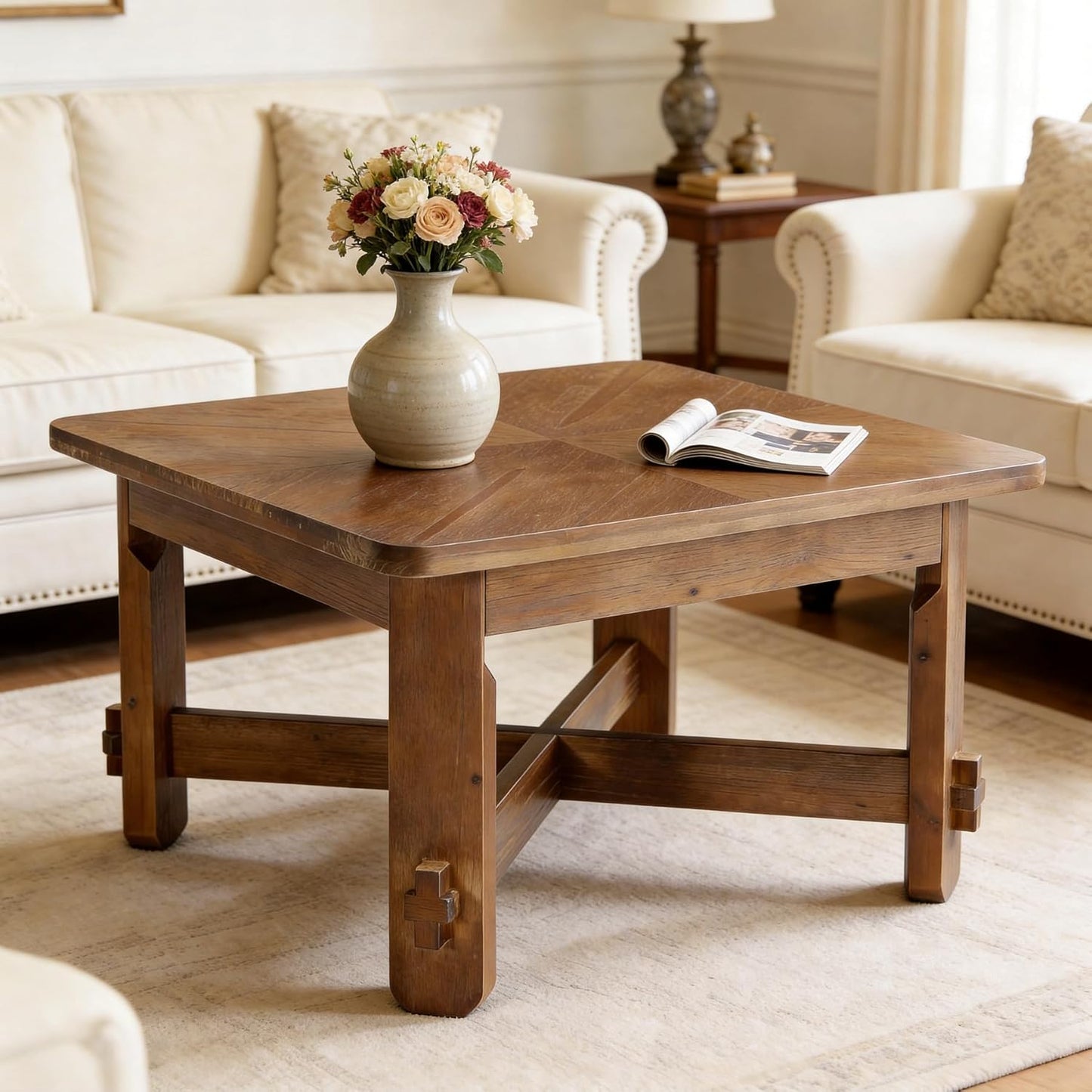 31.5" Square Coffee Table, Solid Wood Accent Center Table with Thick Tabletop and Sturdy Cross-braced Legs, Farmhouse Rustic Tea Cocktail Tables for Living Room, Apartment, Vintage Brown