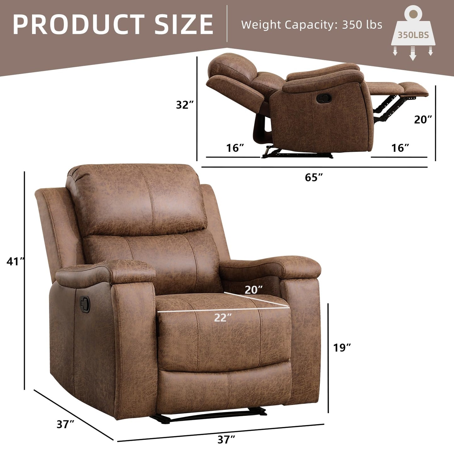 IOMOR Leather Recliner Chair, Manual Recliner Chair for Adults with Overstuffed Arms and Back, Single Sofa Recliner with Cup Holders for Living Room (1, Brown)
