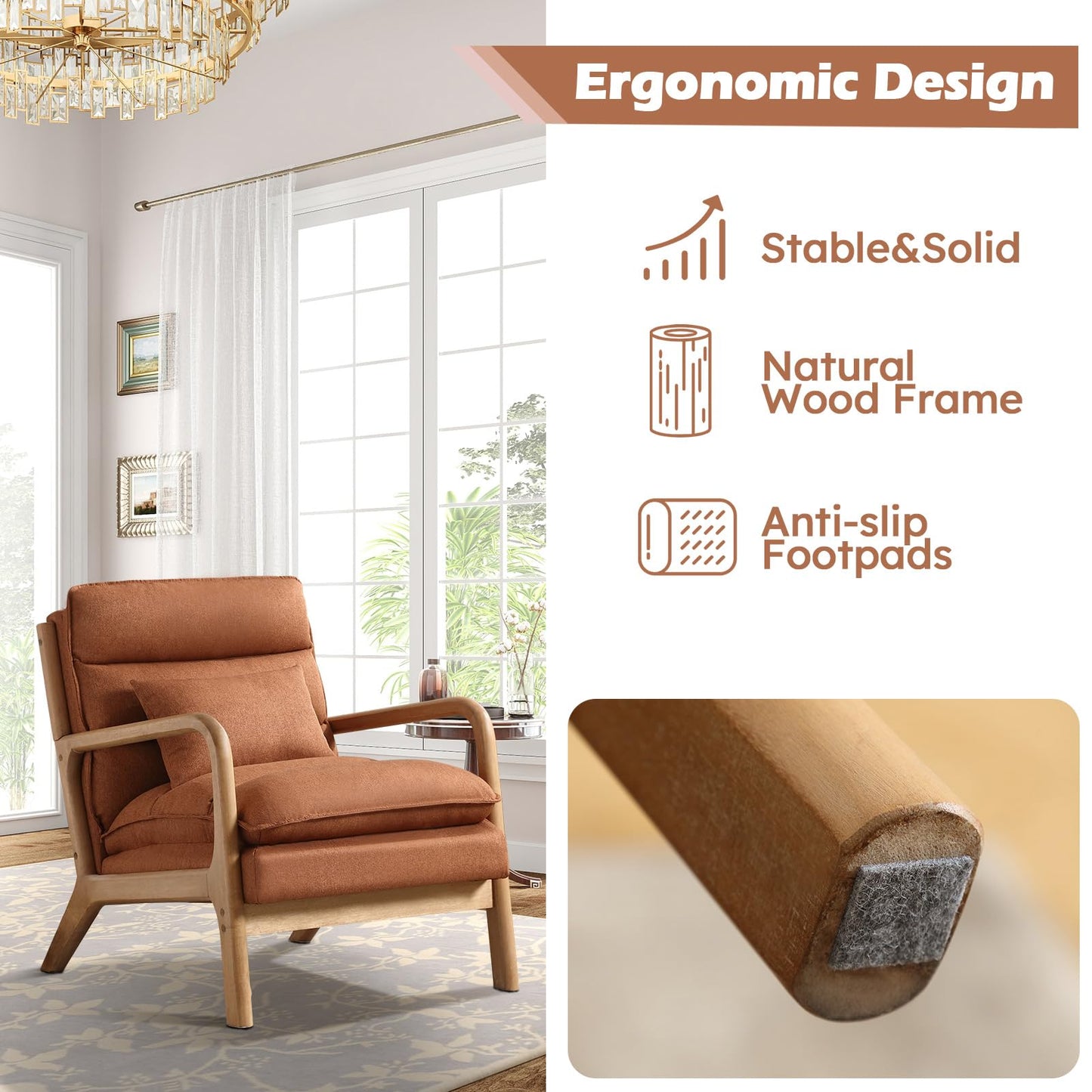IOMOR Mid Century Modern Accent Chair, Upholstered Lounge Armchair with Plump Back Pillow, Comfy Reading Chair with Solid Wood Frame for Bedroom Living Room, Brown