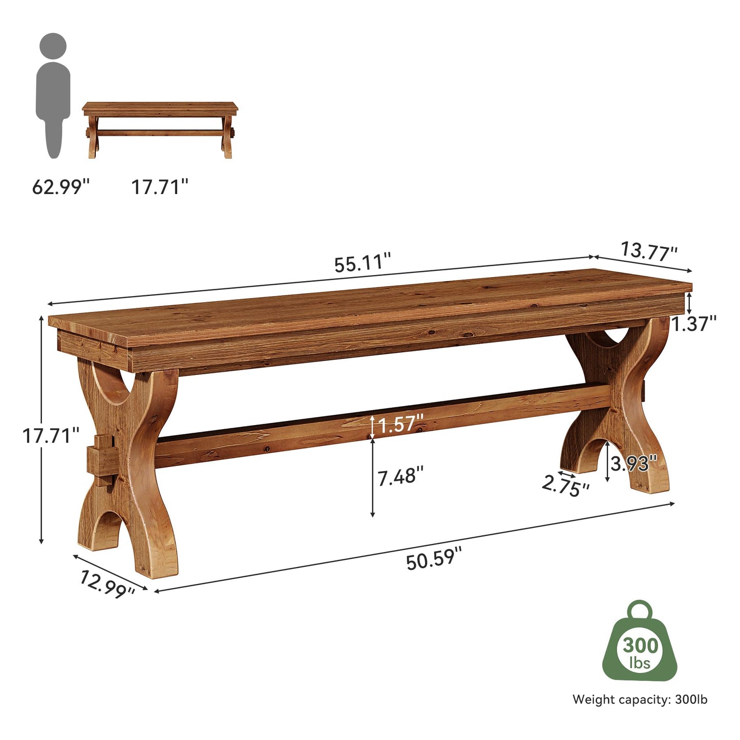 Solid Wood Dining Bench, 55-Inch Long Entryway Shoe Bench, Farmhouse Indoor Seat for Dining Room, Living Room, Hallway, Brown (1, Brown)