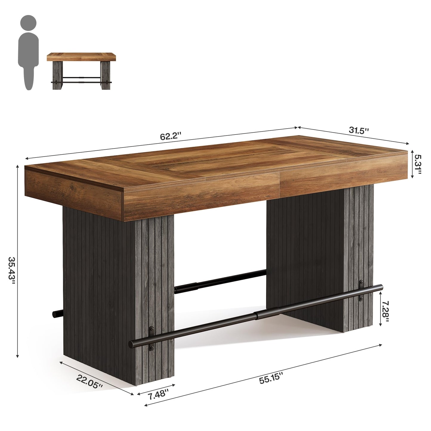 Tribesigns 62.2 Inch Bar Table, Industrial Counter Height Pub Dining Table, Rectangular Home Bar Units with Metal Footrest for Home Kitchen, Dining Room, Bistro, Brown and Dark Grey