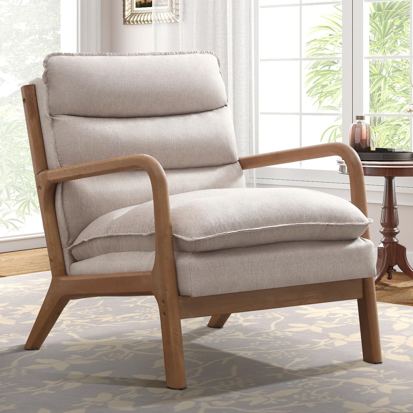 IOMOR Mid Century Modern Accent Chair, Upholstered Lounge Armchair with Plump Back Pillow, Comfy Reading Chair with Solid Wood Frame for Bedroom Living Room, Brown