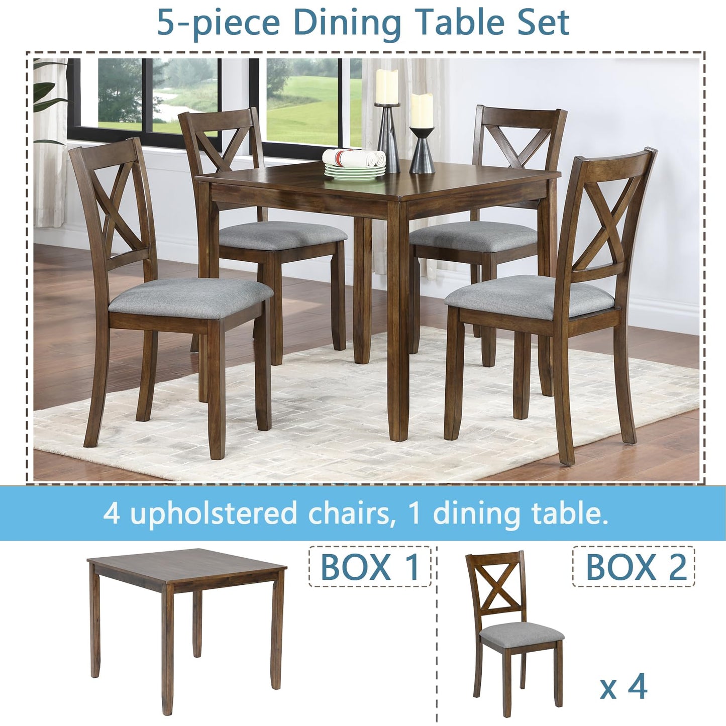 LKTART 5-Piece Kitchen & Dining Room Table and Chairs Sets,Small Square Kitchen Table with 4 Upholstered XX-Shaped Backrest Chairs,Walnut
