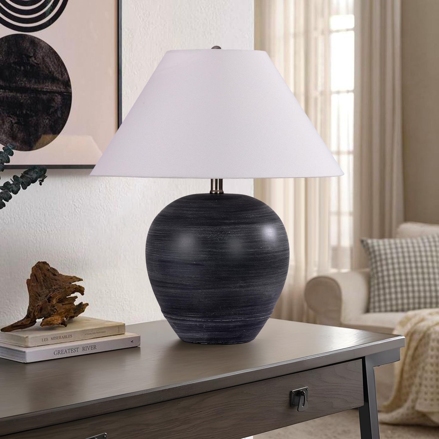 Farmhouse Ceramic Table Lamp, 21" Rustic Table Lamp with Linen Shade, 3-Way Dimmable Bedside Nightstand Lamps for Bedroom, Living Room, E26 Socket, Dark Grey