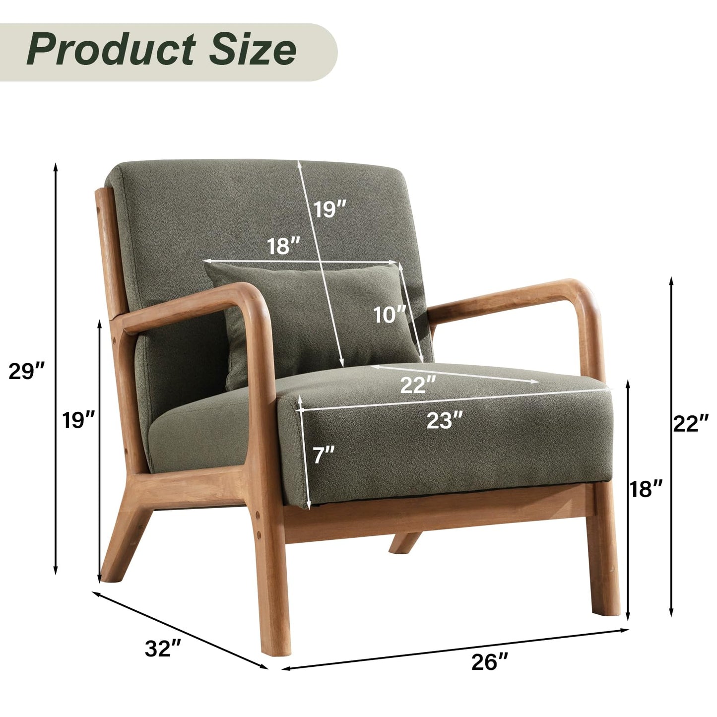 IOMOR Accent Chair Mid Century Modern Chair Linen Fabric Living Room Chairs with Solid Wood Frame Comfy Upholstered and Lumbar Pillow Reading Side Chair Easy Assembly for Bedroom Room (1, Linen Green)