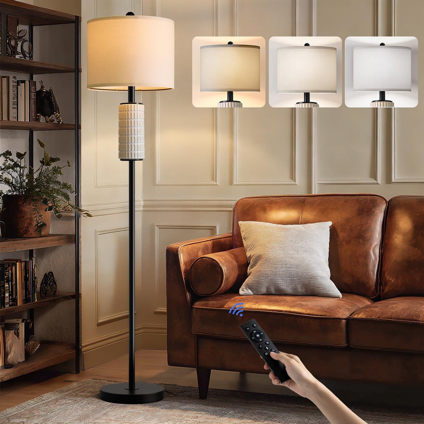 PoKat Farmhouse Floor Lamp for Living Room with Ceramic, 64" Black Standing Lamps for Living Room Corner, Modern Tall Floor Lamps for Bedroom, Sofa, Reading Nock, Rotary Switch, Matte Black