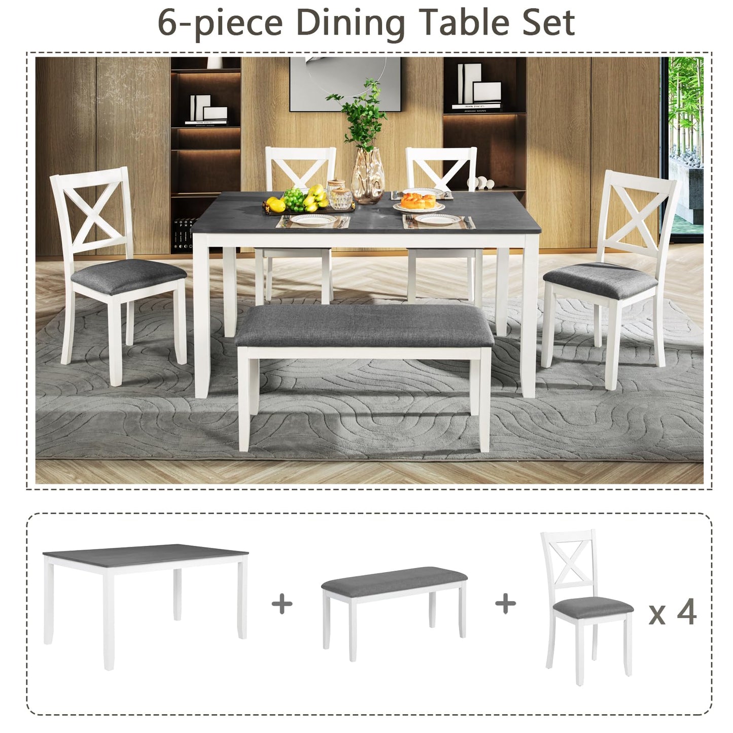 LKTART 6 Piece Kitchen Dining Set, 58.5" Rectangular Wooden Dinner Table with 4 Upholstered Chairs and a Bench for Living Room, Home Bar and Kitchen, Walnut