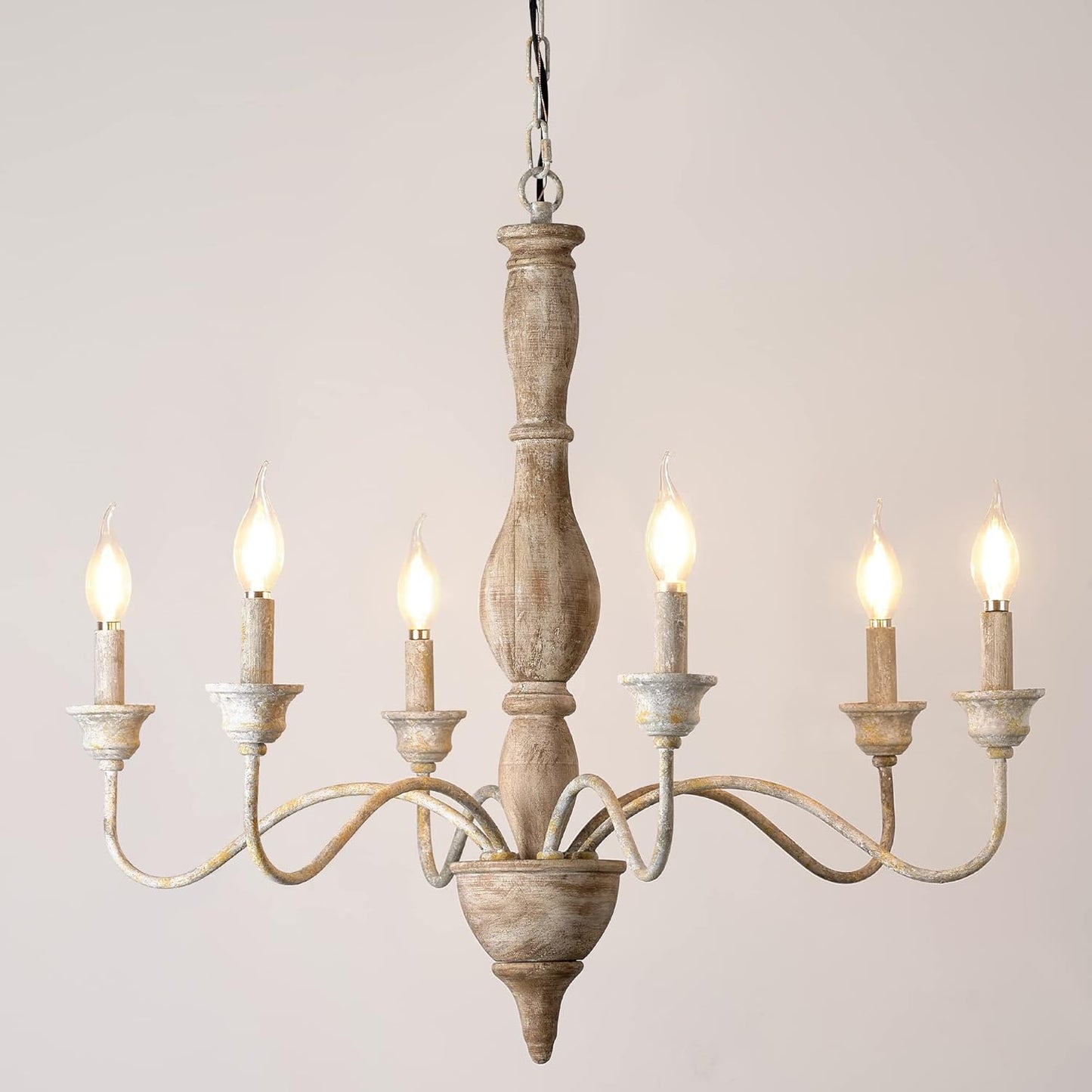 6 Bulb French Country Chandeliers, Large Wood Pendant Light Fixture for Dining Room, Rust Arm Farmhouse Chandelier, Hanging Light for Living Room, Height Adjustable, D29.5 x H24.4