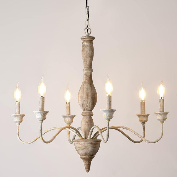 6 Bulb French Country Chandeliers, Large Wood Pendant Light Fixture for Dining Room, Rust Arm Farmhouse Chandelier, Hanging Light for Living Room, Height Adjustable, D29.5 x H24.4