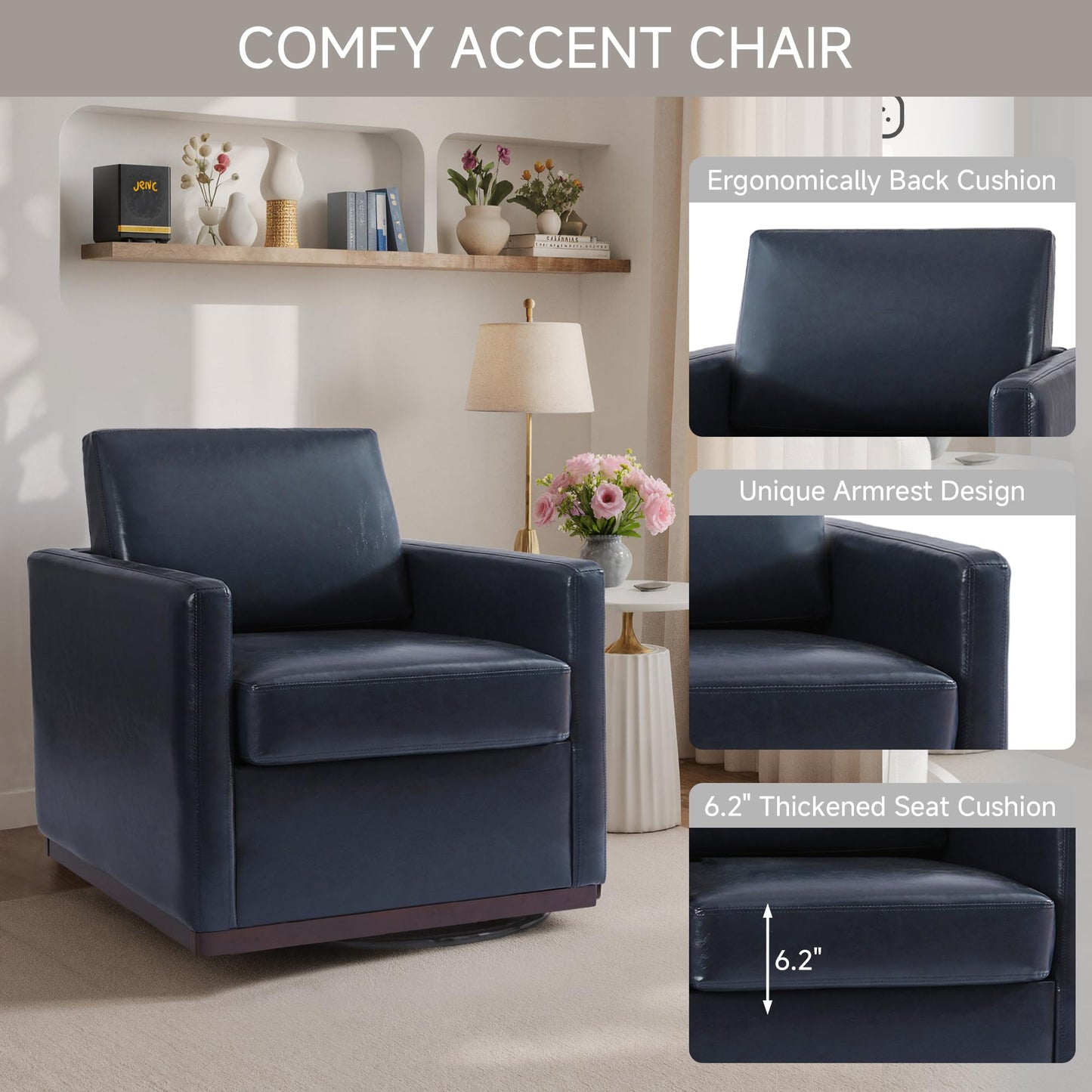 Swivel Accent Chairs Set of 2, 360° Swivel Upholstered Faux Leather Club Armchairs for Living Room, Comfy Single Sofa Reading Chair with Deep Seat, Metal Swivel Base, Coffee