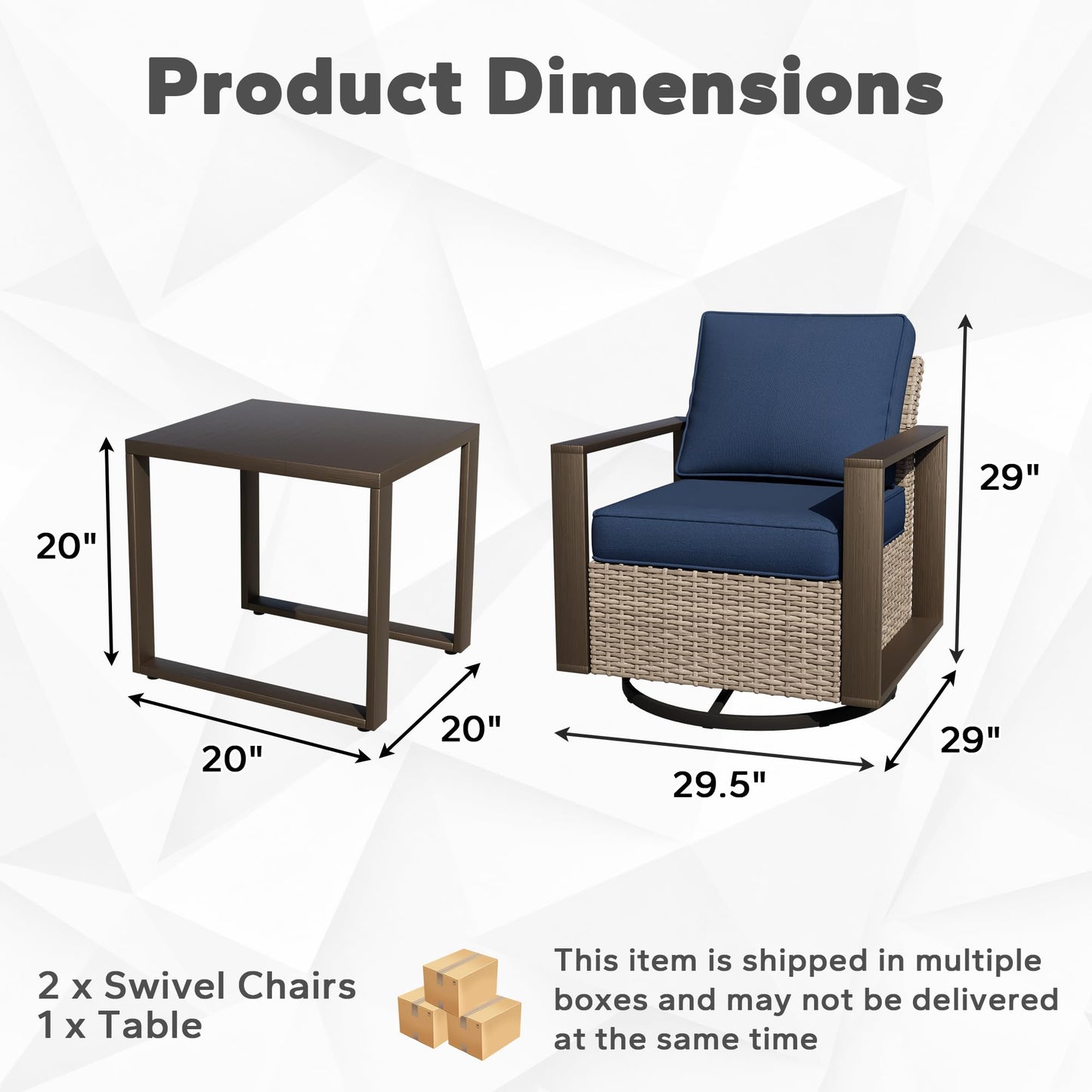 Joyside Outdoor Patio Swivel Rocker Chairs, 3 Pieces Wicker Furniture Set, 2 Swivel Rocking Chairs and 1 Table, Metal Wide Armrest, Thick Cushions and Deep Seating for Garden, Backyard, Porch, Deck