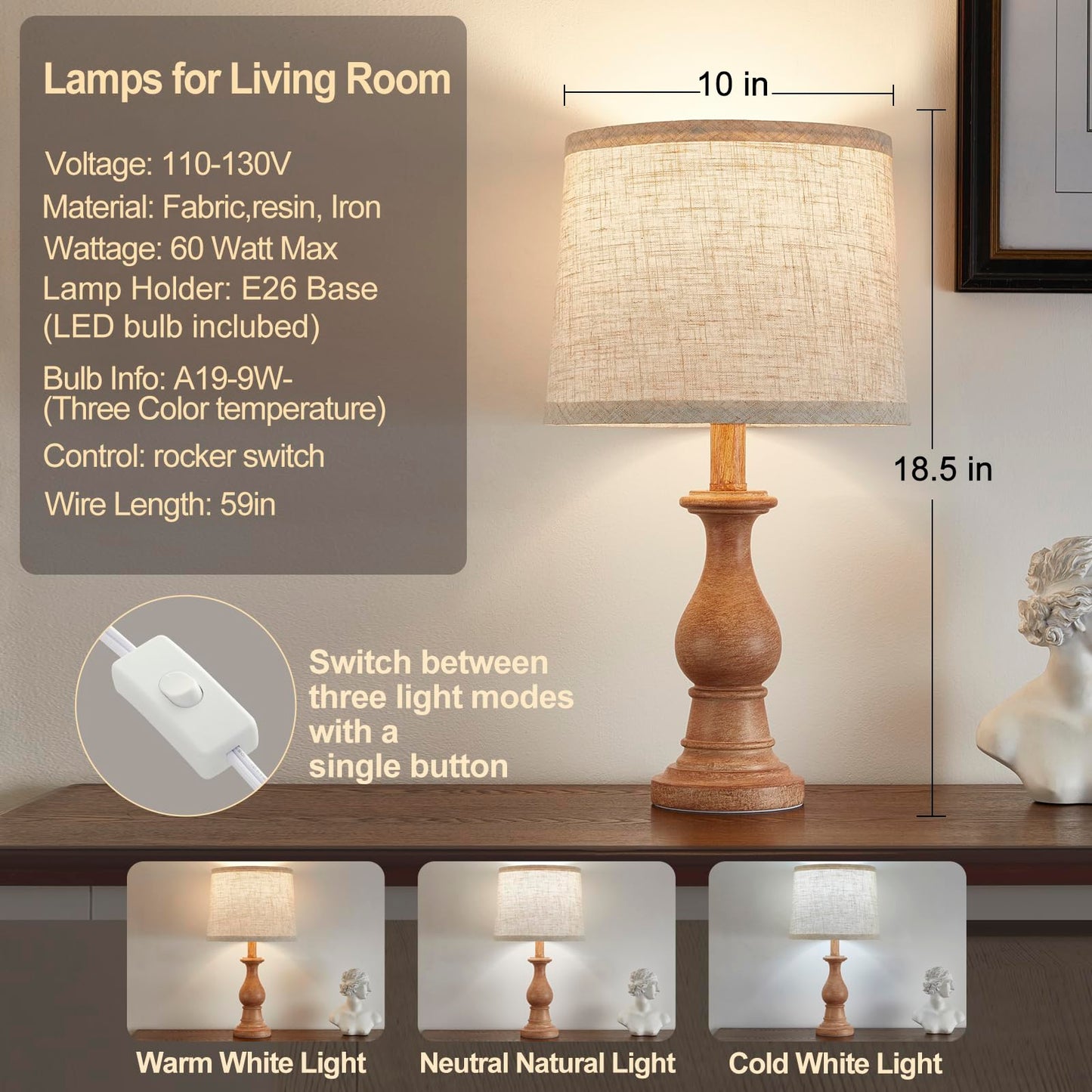 Vintage Table Lamp for Living Room Bedroom, 18.5" Farmhouse Bedside Lamps Nightstand Lamp Set of 2, Table Lamps with Oatmeal Linen Lamp Shades, 2 LED Bulbs Included
