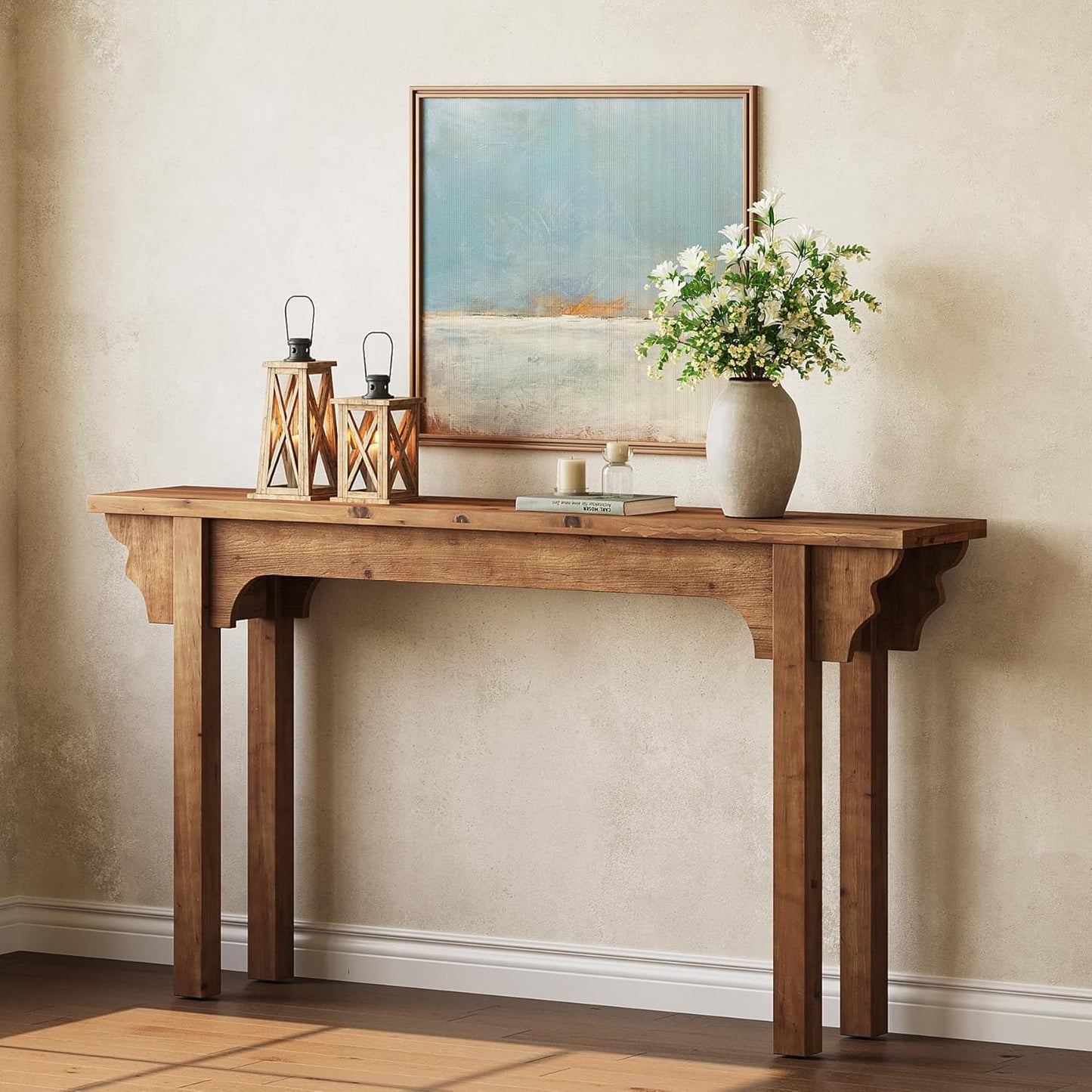 63" Solid Wood Console Table, Mid-Century Modern Entryway Table for Living Room, Hallway, Foyer