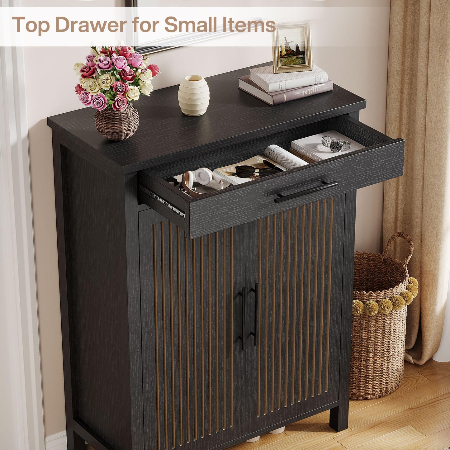 Tribesigns Shoe Cabinet, 5-Tier Shoe Storage Cabinet with Louvered Doors and Drawer, Freestanding Wooden Shoe Rack Organizer with Adjustable Shelves for Entryway, Hallway, Closet, Brown