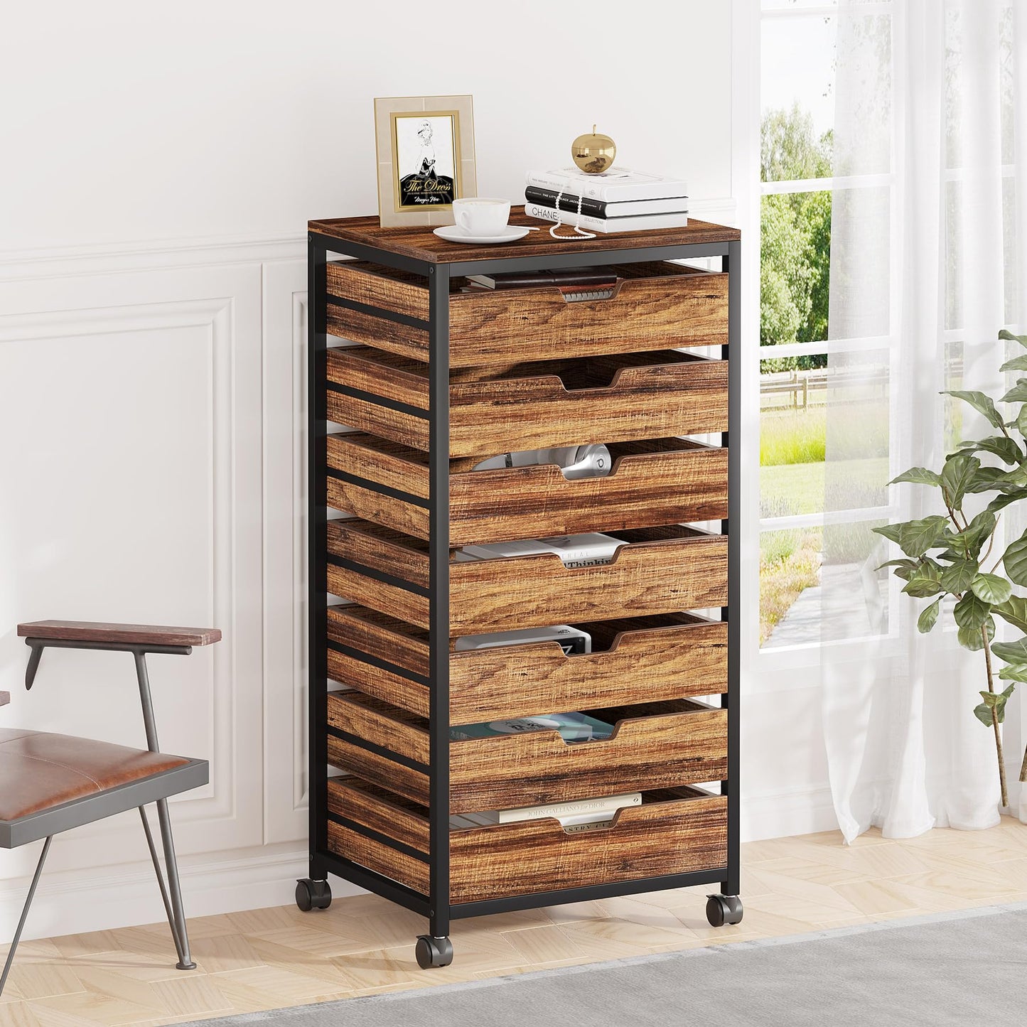 Tribesigns 5 Drawer Chest, Wood Storage Dresser Cabinet with Wheels, Industrial Storage Drawer Organizer Cart for Office Bedroom Entryway (Rustic Brown, 1 PC)