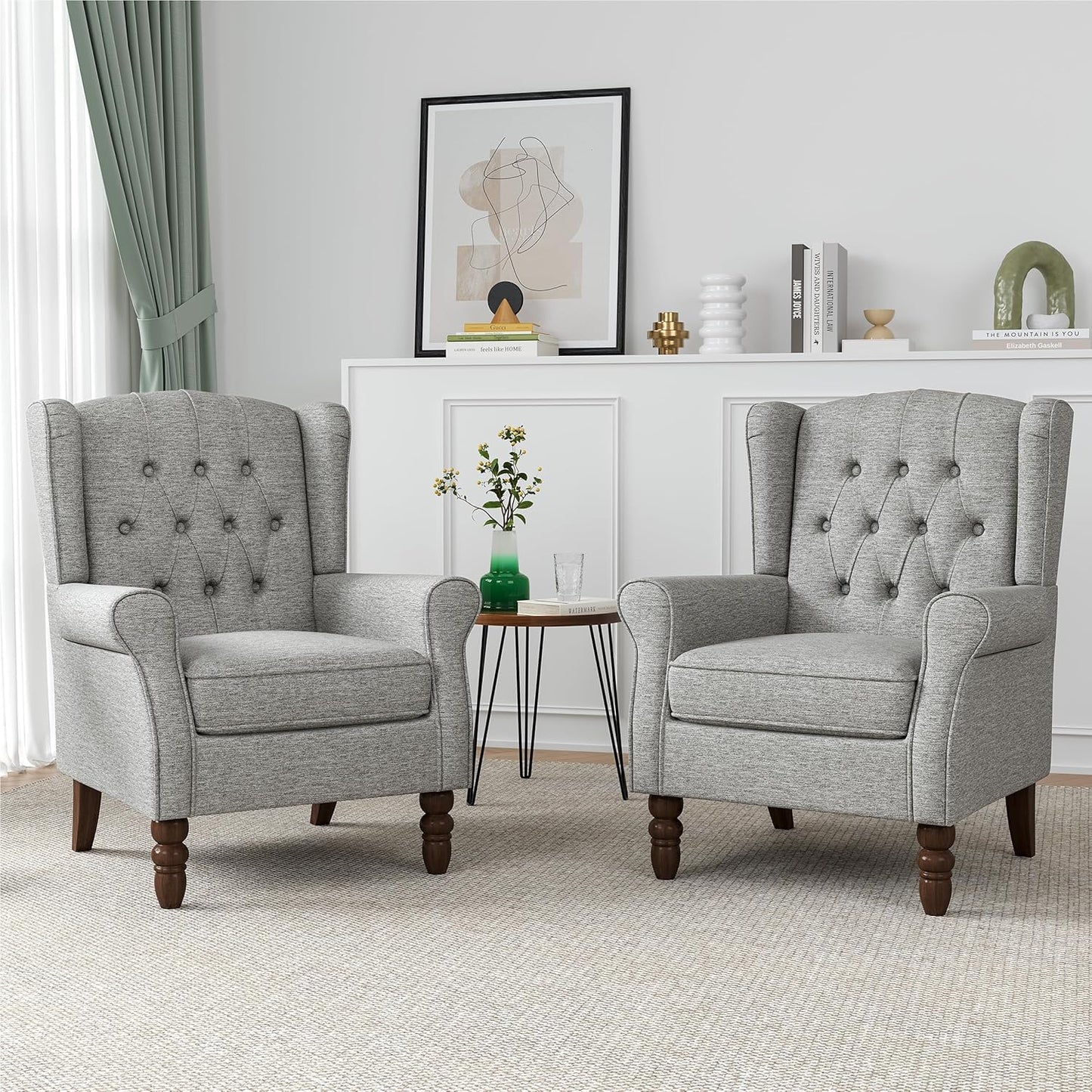 Faux Leather Wingback Chairs Set of 2, High Back Accent Chair for Living Room, Button-Tufted Upholstered Armchair with Solid Wood Legs, Comfy Reading Chair for Bedroom, Brown