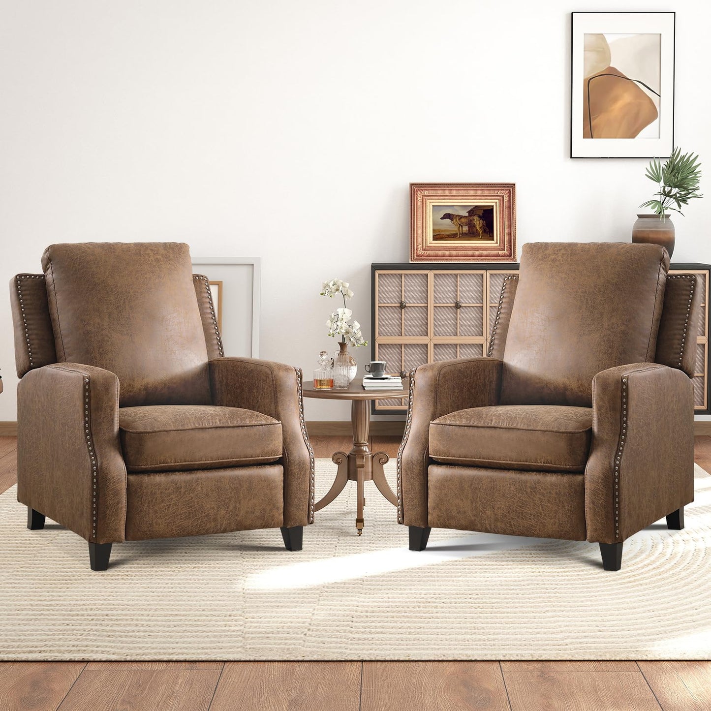 IOMOR Push Back Recliner Chair Faux Leather Lounge Armchair with Rivet Decoration Wingback Single Sofa Chair with Padded Seat Solid Wood Legs for Living Room, Comfy Upholstered, Red Brown