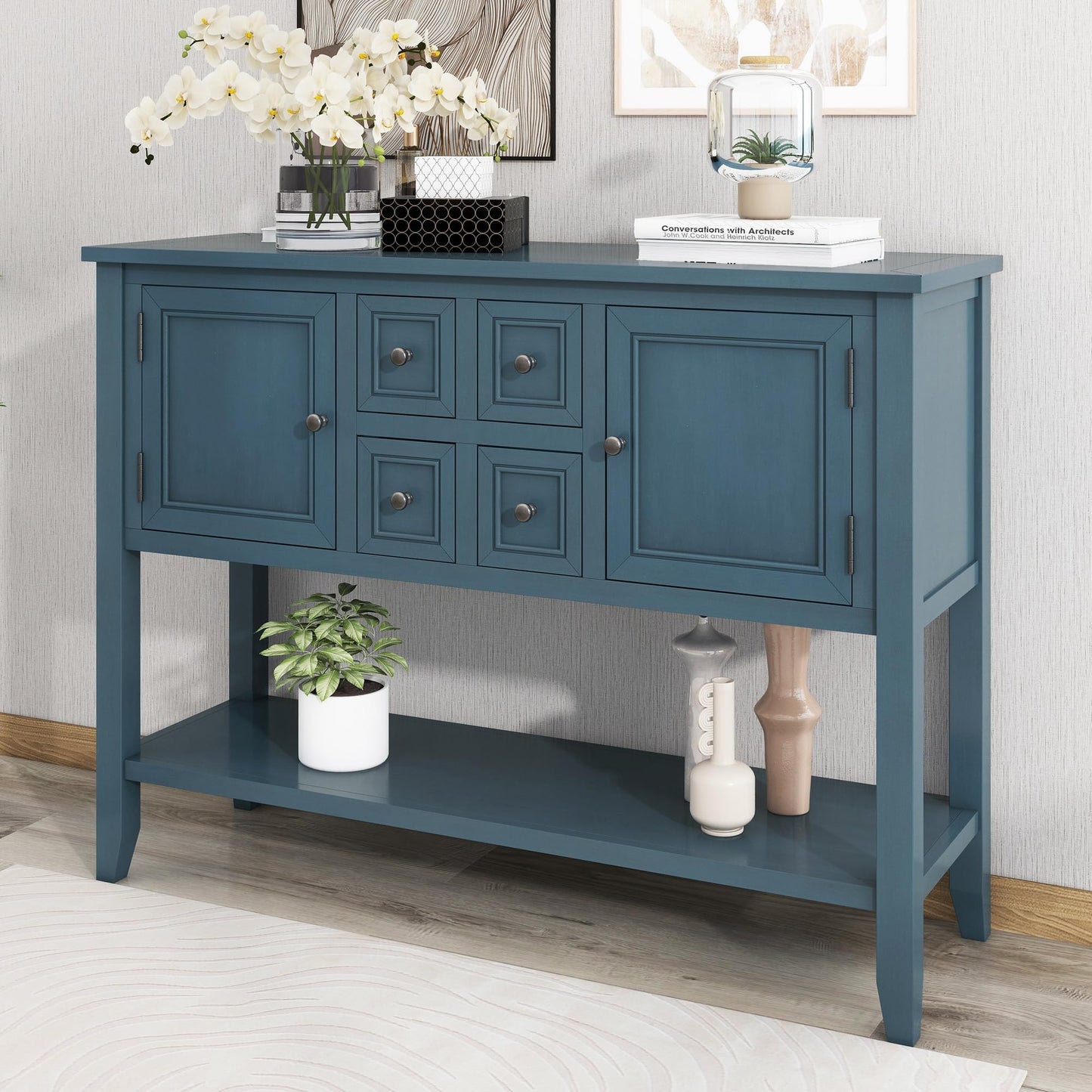 LKTART Farmhouse Sideboard Buffet Cabinet,Solid Wood Sideboard with Storage Drawers and Bottom Shelf,Coffee Bar for Entryway Hallway Foyer,Easy Assembled (46.5" Brown