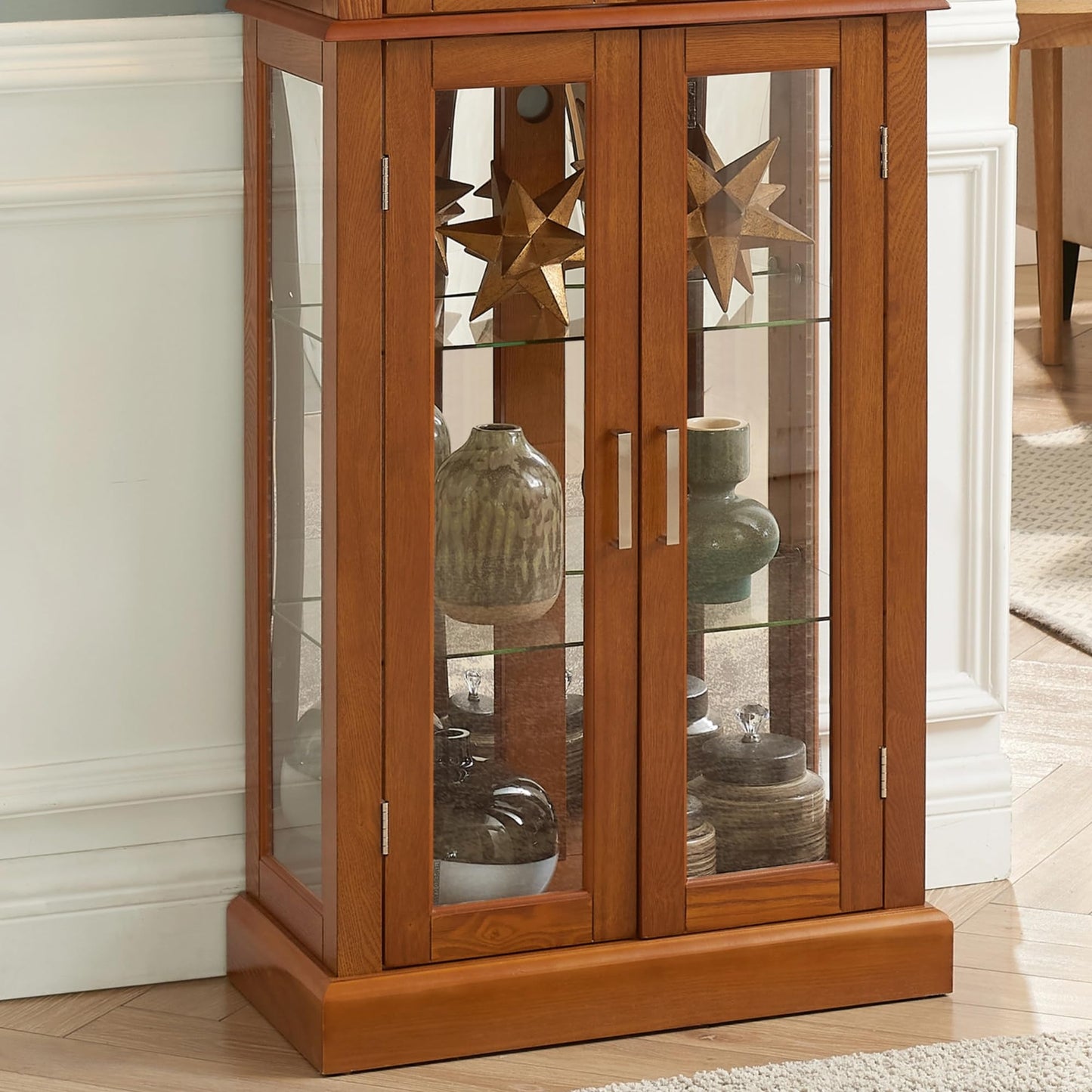 LKTART Curio Glass Display Cabinet with Lighted and Mirrored Back Panel,China Cabinets with Glass Doors,Tall Storage Cabinets with Adjustable Shelves for Curio Collectibles Storage(Cherry)
