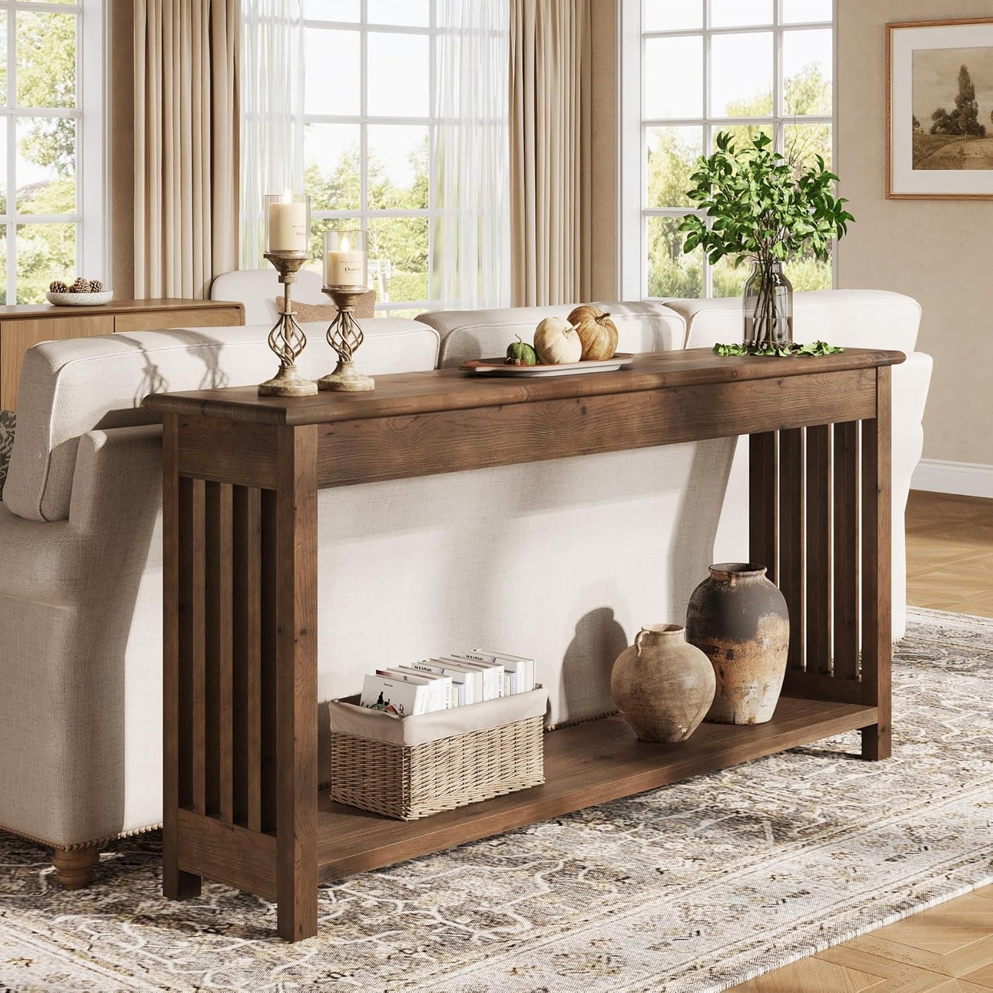 63" Solid Wood Console Table with 2-Tier Shelf, Farmhouse Sofa Table, Rustic Entryway Table for Behind Couch, Hallway, Living Room