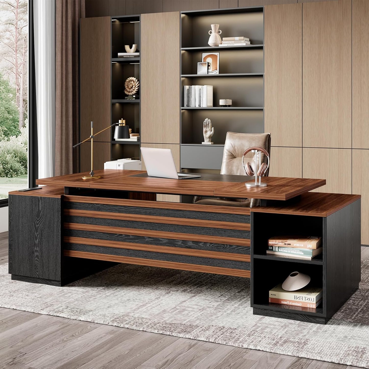 Epecoya L-Shaped Executive Desk with Storage Cabinet and Open Shelf, 78-Inch Home Office Desk with Drawers, Boss Large L-Desk with Power Outlet for Studio, Office, Black Brown