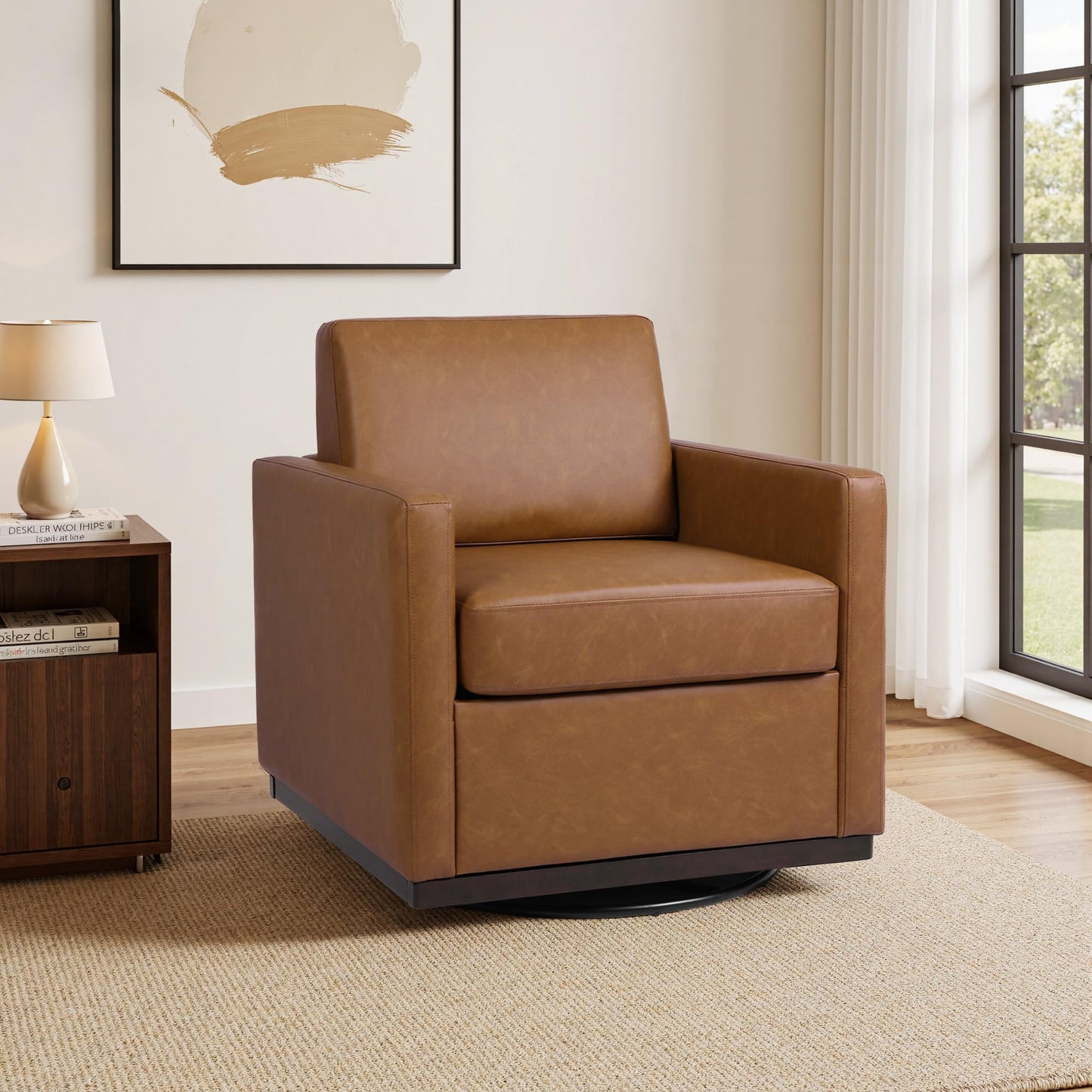 Faux Leather Swivel Accent Chairs Set of 2, 360° Swivel Upholstered Club Armchairs for Living Room, 31" Wide Square Single Sofa Reading Chair with Deep Seat, Metal Swivel Base, Navy