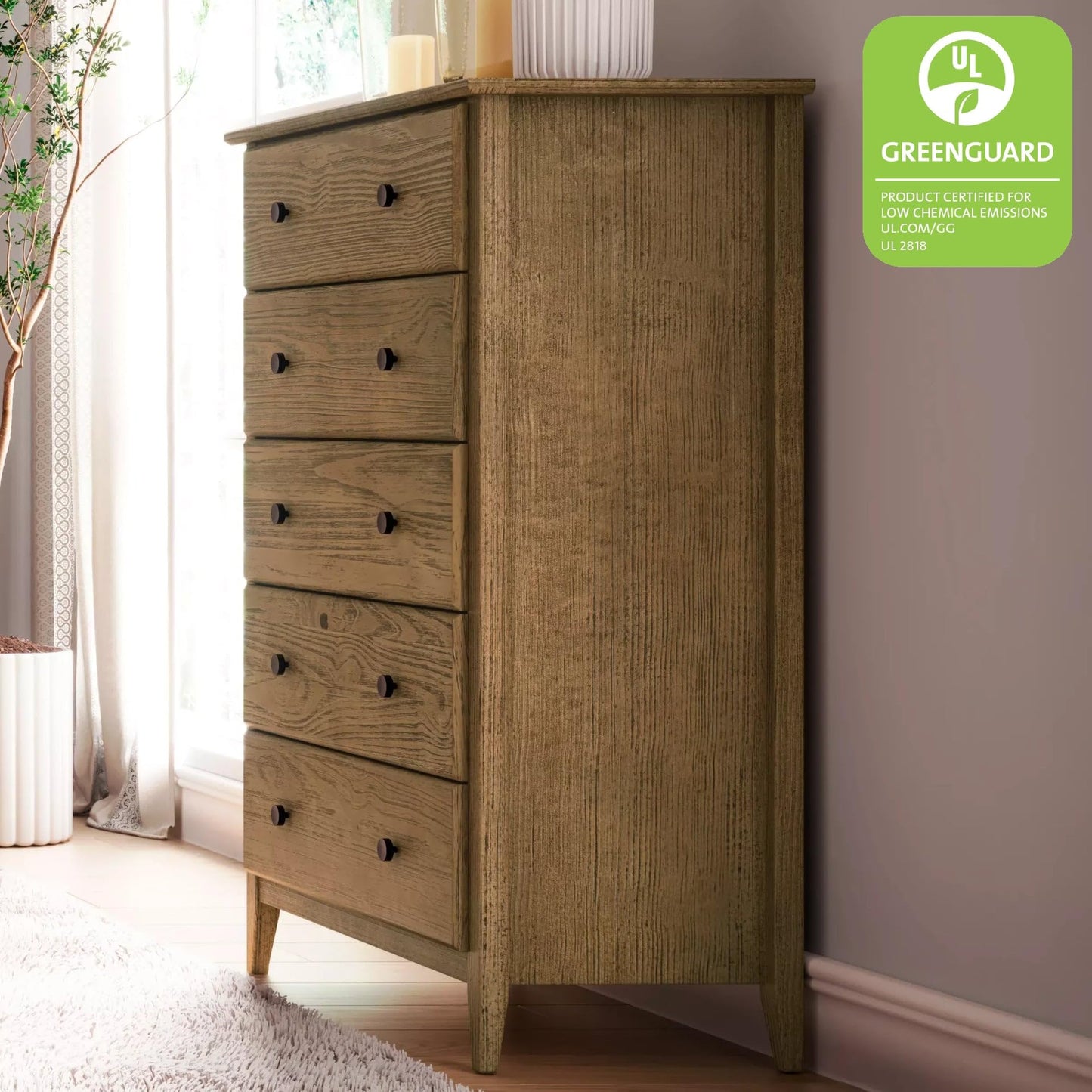Grain Wood Furniture Greenport 5-Drawer Chest, Solid Wood with Brushed Walnut Finish