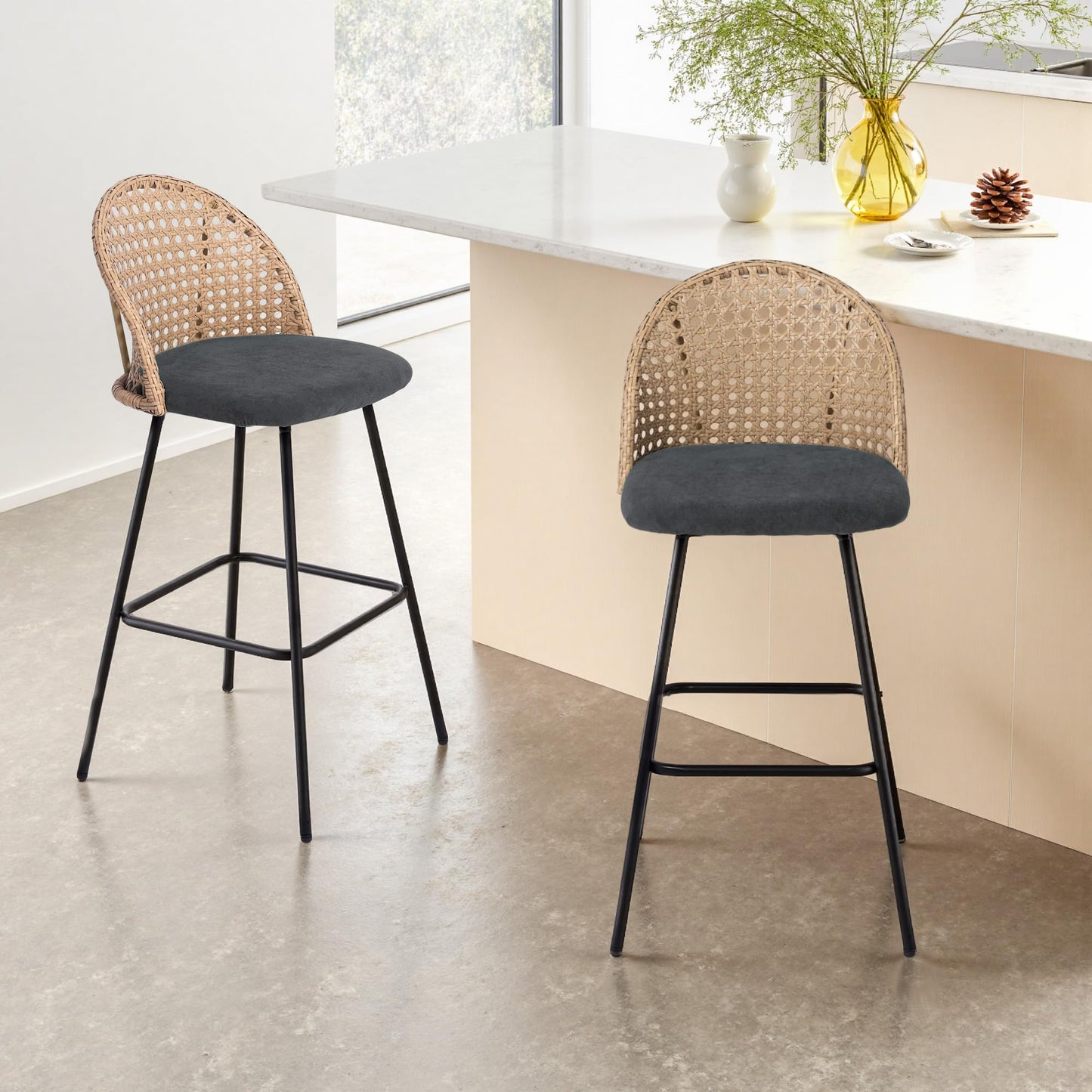 28.7" Swivel Bar Stools Set of 2, Mid Century Modern Counter Height Barstools with Rattan Backrest, Upholstered Chenille Armless Bar Chair Island Stools for Kitchen Island, Bar, Beige