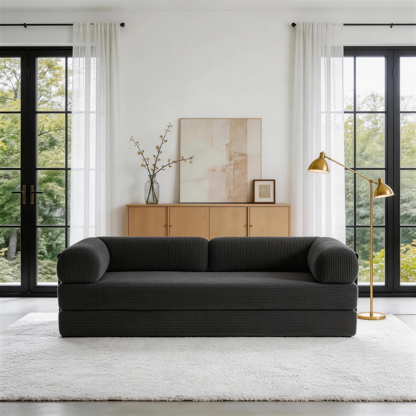 79'' Convertible Sleeper Sofa Bed, 4-in-1 Corduroy Folding Floor Couch, No Assembly Modular Boneless Loveseat with Pull Out Bed, Comfy Foldable Sofa Bed for Living Room Bedroom Guest Room, Gray